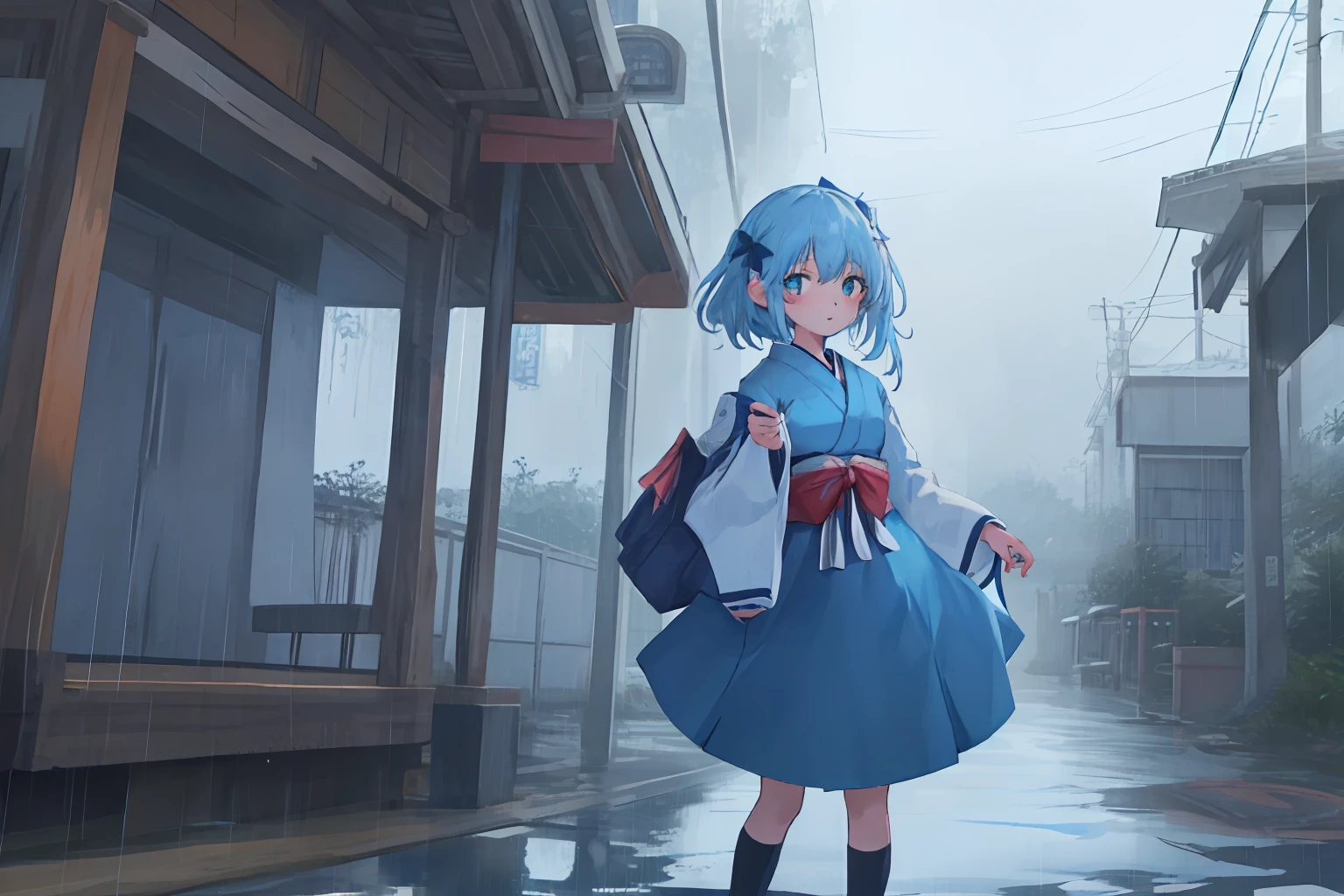 Japanese anime，very heavy rain，hooding，teens girl，pupils，Blue pupil，blue clothes，blue hairs，blue skirts，Bow knot，Be red in the face，teardrop