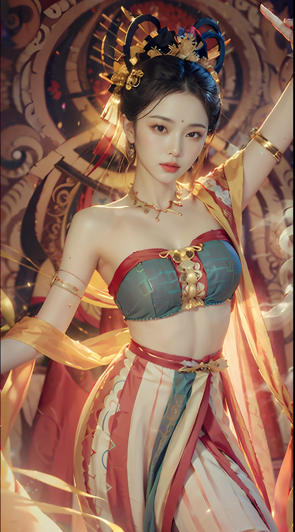 (8k,RAW photos,best qualtiy,tmasterpiece:1.2),(realisticlying,Photorealistic and realistic:1.4),(Very detailed CG unity 8k wallpaper),(1个Giant Breast Girl),dance,dunhuang_dress,dunhuang_style,dunhuang_background,One arm up,One hand forward,Gold ornaments,Ancient Chinese hairstyle,gossamer,Streamers,light make-up,eye shadows,Eyebrow nevi,(confront),dynamicposes,Background smoke surrounding,Red and green color scheme,Petals flying,the detail,jewelry,耳Nipple Ring,bangle,bshoulders,complex texture,bust,Guqin,lute,(tmasterpiece:1.3),best qualtiy,A high resolution,A tall and beautiful woman,Densely textured skin,fine double eyelids and bright eyes,Dark brown wavy hair,dunhuang_dress,dunhuang_clothes,Around the belt,Wearing a necklace,(Desert dunes as a backdrop),Presents beautiful facial details and skin texture。