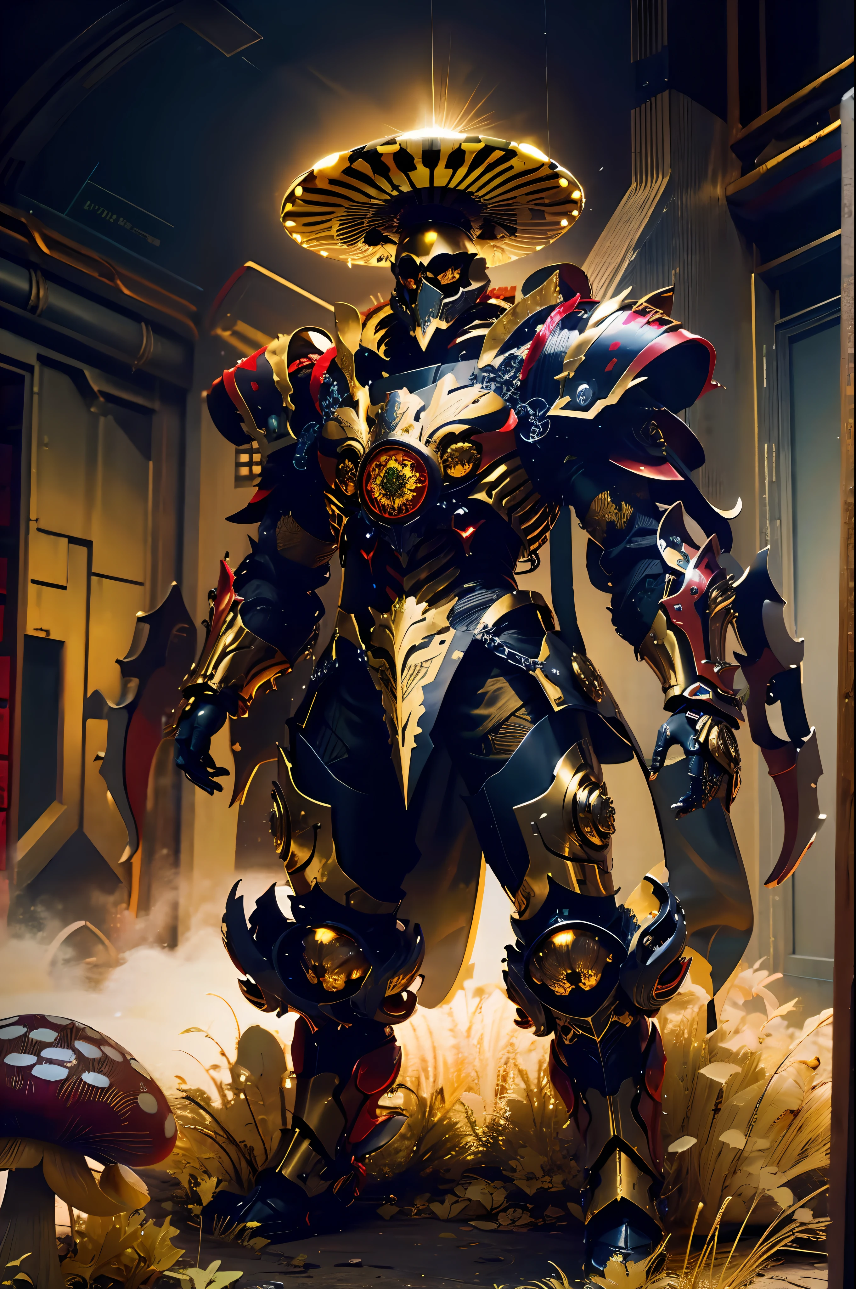High resolution, golden black red armor, psychedelic details, chaos details, high tech design, show full body portrait , chrome, mushroom, skeleton, bodhisattva