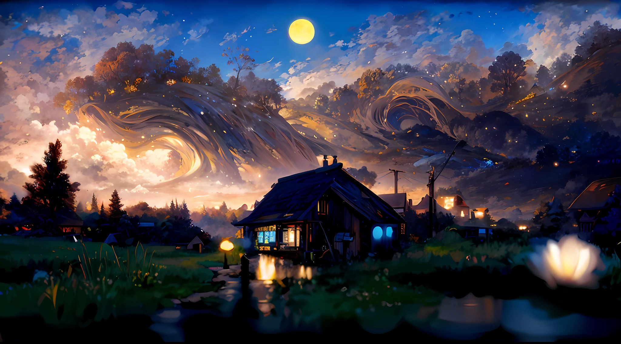 painting of a house in a field with a full moon in the background, 4k highly detailed digital art, highly detailed digital painting, detailed painting 4 k, digital painting highly detailed, beautiful art uhd 4 k, calm night. digital illustration, dreamlike digital painting, stunning art style, 4k detailed digital art, very detailed digital painting, anime art wallpaper 4 k