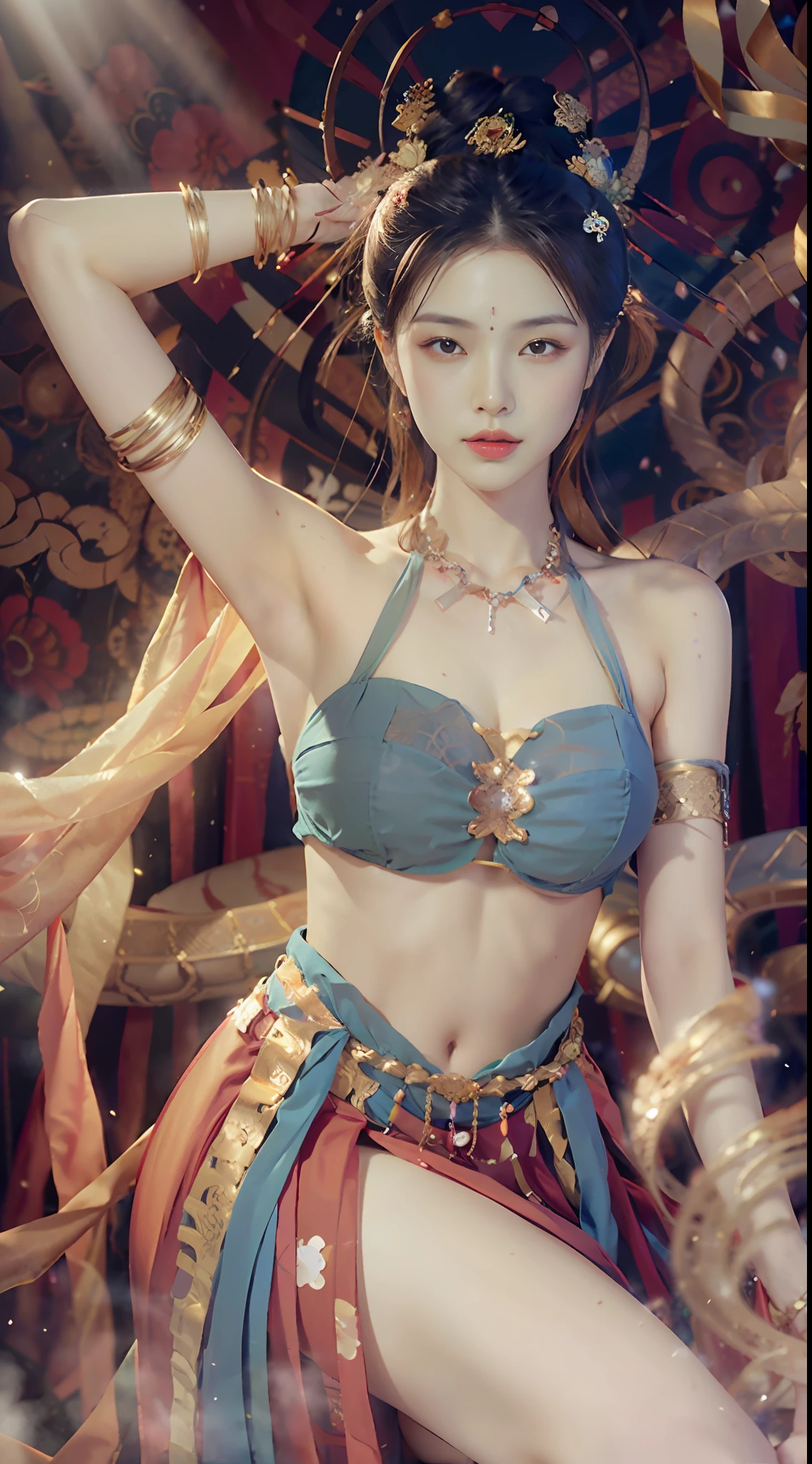 (8k,RAW photos,best qualtiy,tmasterpiece:1.2),(realisticlying,Photorealistic and realistic:1.4),(Very detailed CG unity 8k wallpaper),(1个Giant Breast Girl),dance,dunhuang_dress,dunhuang_style,dunhuang_background,One arm up,One hand forward,Gold ornaments,Ancient Chinese hairstyle,gossamer,Streamers,light make-up,eye shadows,Eyebrow nevi,(confront),dynamicposes,Background smoke surrounding,Red and green color scheme,Petals flying,the detail,jewelry,耳Nipple Ring,bangle,bshoulders,complex texture,bust,Guqin,lute,(tmasterpiece:1.3),best qualtiy,A high resolution,A tall and beautiful woman,Densely textured skin,fine double eyelids and bright eyes,Dark brown wavy hair,dunhuang_dress,dunhuang_clothes,Around the belt,Wearing a necklace,(Desert dunes as a backdrop),Presents beautiful facial details and skin texture。