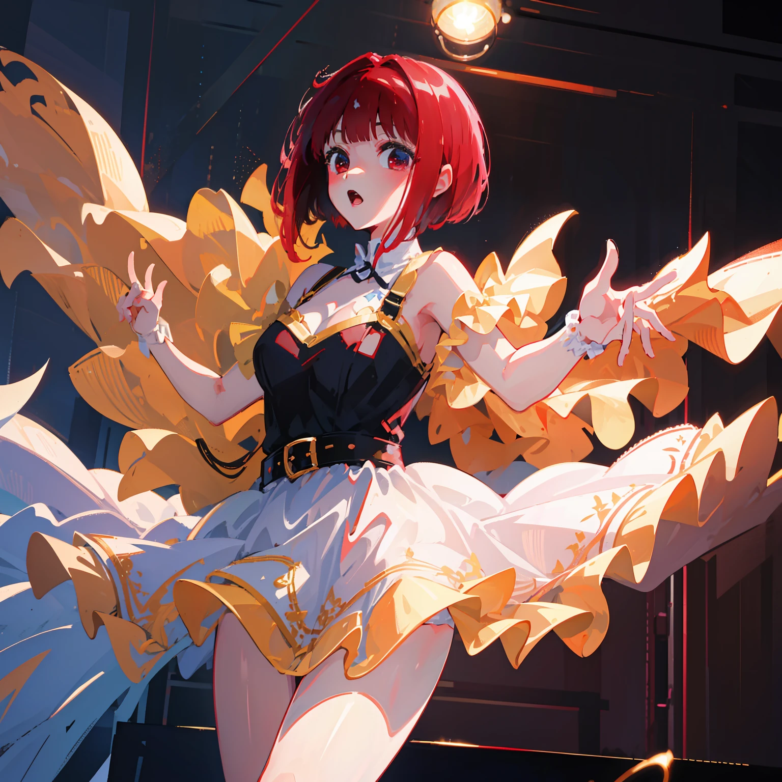 masterpiece, fine detail, illustration, 4k, 8k, 12k, solo, one person, beautiful girl, white female, Kana Arima, red hair, short hair, singing, on stage