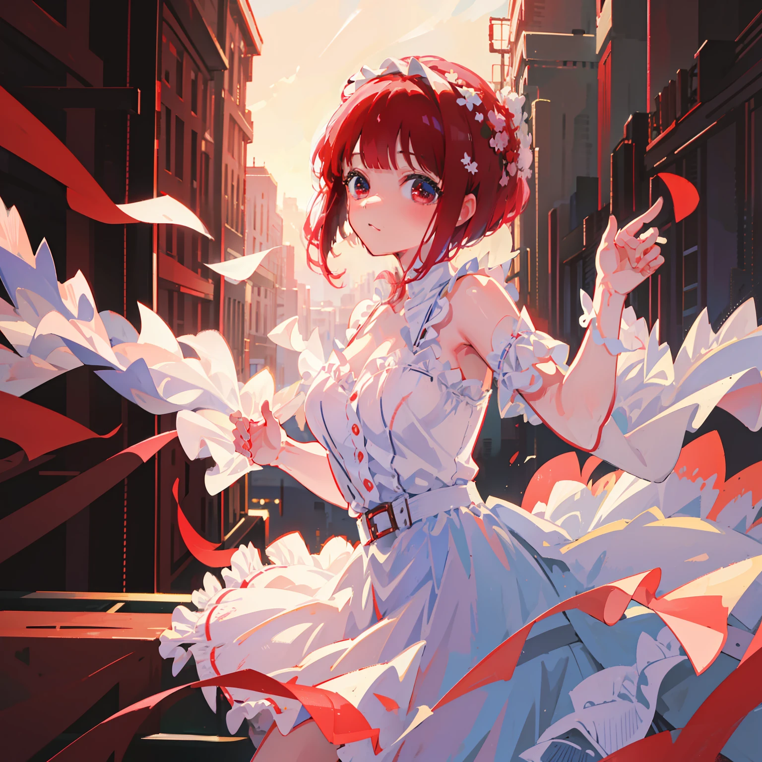 masterpiece, fine detail, illustration, 4k, 8k, 12k, solo, one person, beautiful girl, white female, Kana Arima, red hair, short hair, singing, on stage