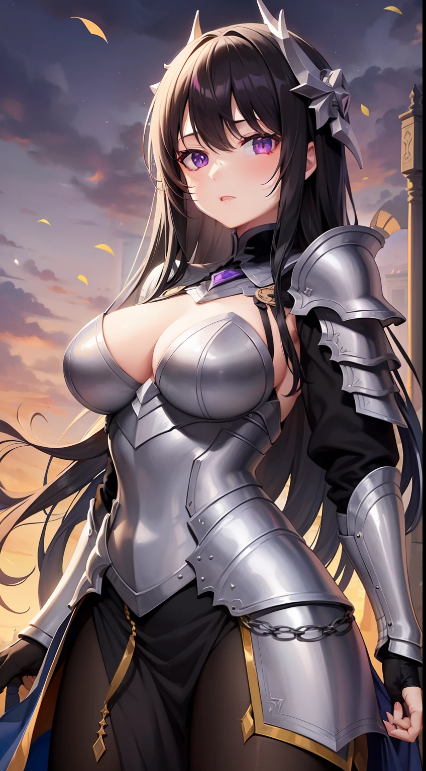 young girl, Long black hair, violet eyes, Men's armor, Masterpiece, hiquality