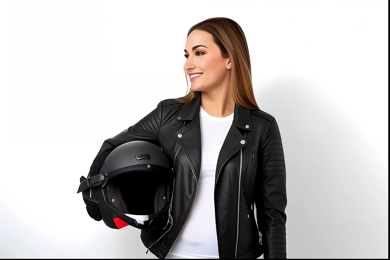 uma mulher em uma jaqueta de couro segurando um capacete de motocicleta e sorrindo, usando o capacete, usando capacete, imagem de uma motociclista feminina, sem capacete, usando capacete, segurando capacete, usando um capacete redondo, ela usa jaqueta de couro, usando uma jaqueta de couro, vestido com jaqueta de couro, helmet instead of a head, vestido em couro motociclista, motociclista, vestindo uma jaqueta preta