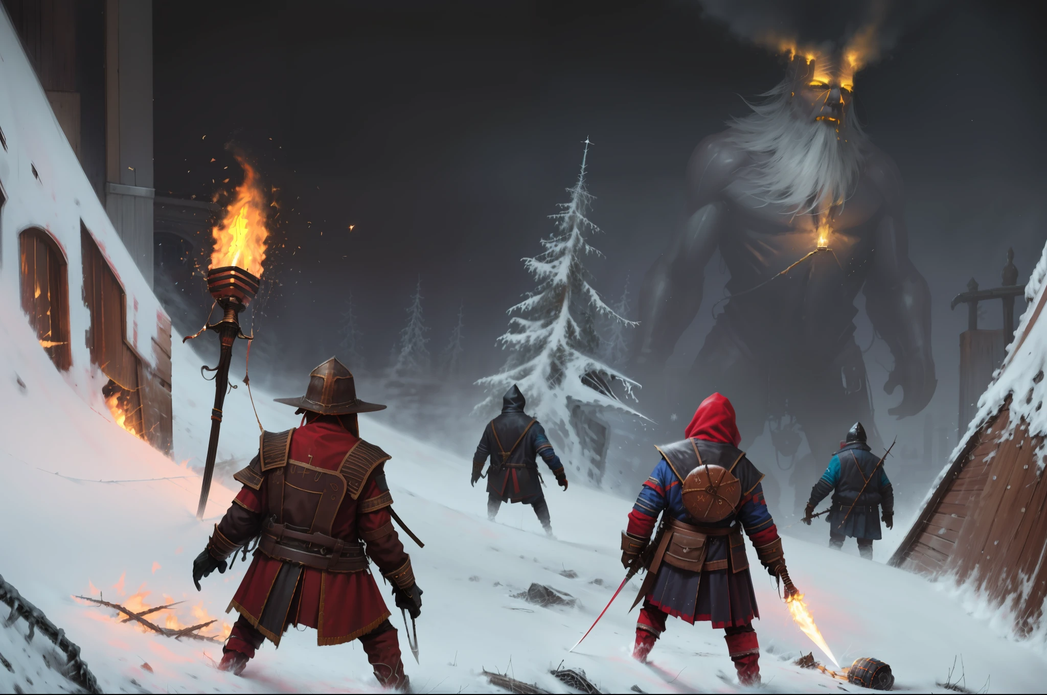 photorealistic, (hyperrealistic:1.2), beautiful, masterpiece, best quality, perfect lighting, (colorful),cinematic lighting,extremely detailed CG unity 8k wallpaper,,  jkrz,         snow, weapon, holding, sword, snowing, outdoors, sheath, holding weapon, fire, from behind, multiple boys, 2boys, holding sword, sheathed, torch, scenery