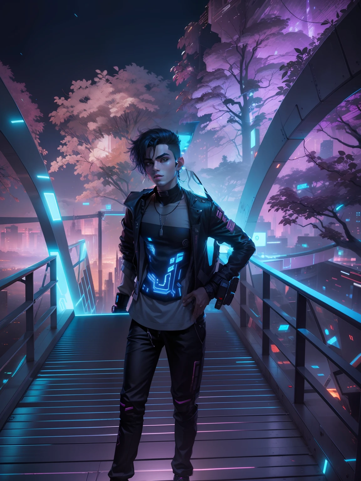 Cyber punk handsome boy, with cat, realistic 8k quality with cool lighting and colours