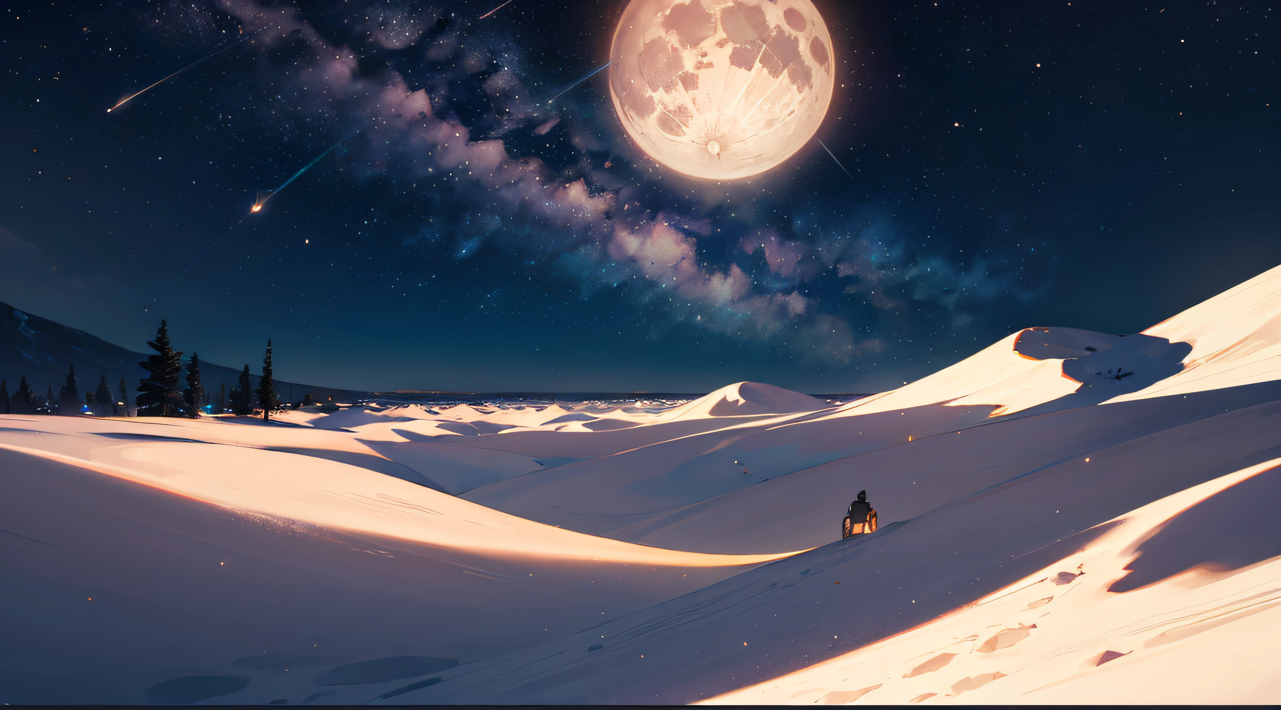 Expansive landscape photograph,(moon full:1.2),(meteors:0.9),(Starcloud:1.3),(Warm light source:1.2),(glowworm:1.2),lamp lights,Lots of purple and orange,Complicated details,Volumetriclighting,Realism BREAK(tmasterpiece:1.2),(best qualtiy),8K,Ultra-detailed,(dynamic compositions:1.4),The is very detailed,Colorful details,(Irridescent color:1.2),(luminouslighting,Atmospheric lighting),dream magical,magical,(独奏:1.2),((best qualtiy)), ((tmasterpiece)), (the detail:1.4),depth of fields,maximum definition and sharpness,perfectly proportions,Fluttering clouds,Wallpapers