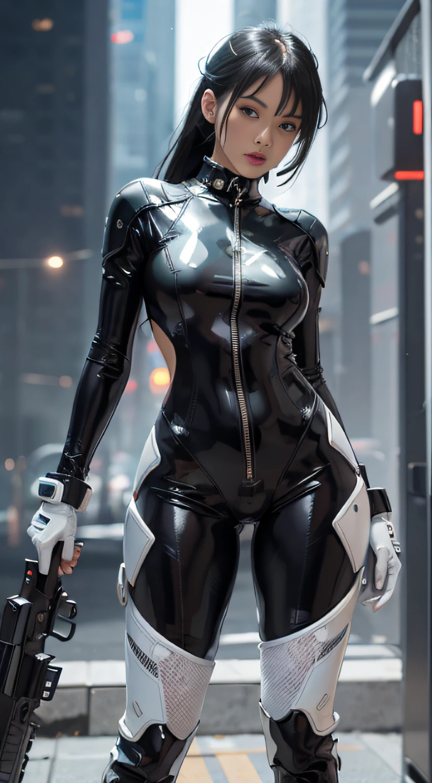 solo, super fine photo, portrait Unreal Engine 5 8K UHD of a girl in a skin tight futuristic black latex outfit with white jacket, slick black catsuit, black iconic character, smooth black skin, black body, PVC, glossy latex suit, rubber suit, rubber belts, collar, futuristic full face helmet, futuristic rubber glove, futuristic high boots, arm and leg cuffs, straps, cyberpunk world, have a gun, best quality, masterpiece, official art, unified 8k wallpaper, super detailed, sharp focus, dynamic pose, body parts, no extra limbs, precisely ???????