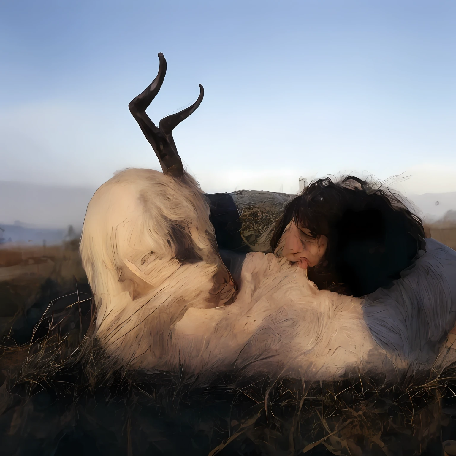 there is a woman that is laying down on the ground,A goat in his hand, ryan mcginley, girl and a goat, author:Jan Rustham, national geographic photo”, alexandra fomina, sergey zabelin, sergey krasovskiy, author:Russell Drysdale, human lamb hybrid, author:Scarlett Hooft Glavlan, maxim sukharev