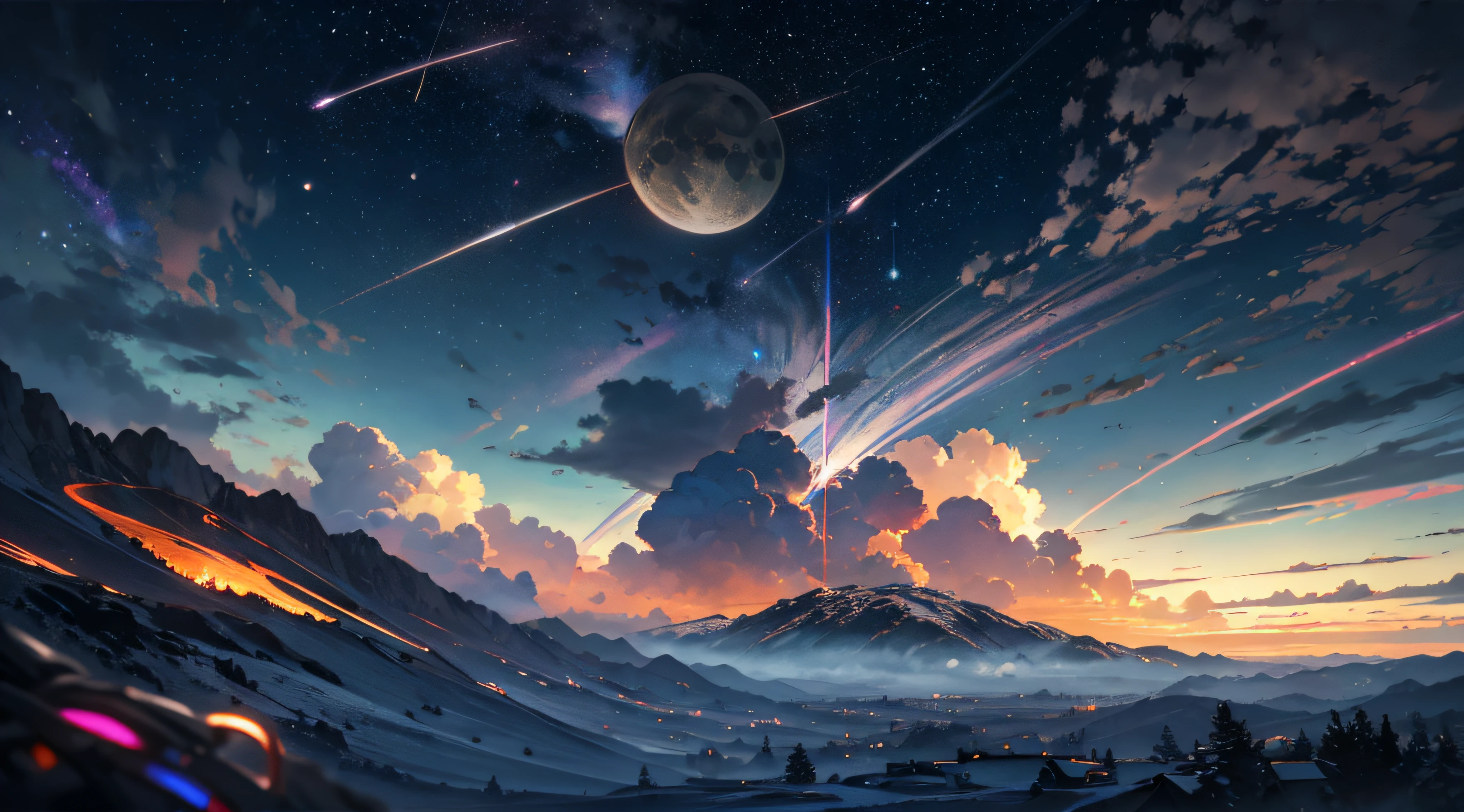 Expansive landscape photograph，（moon full：1.2），（meteors：0.9），（Starcloud：1.3），（Warm light source：1.2），（glowworm：1.2），lamp lights，Lots of purple and orange，Complicated details，Volumetriclighting，Realism BREAK（tmasterpiece：1.2），（best qualtiy），8K，Ultra-detailed，（dynamic compositions：1.4），The is very detailed，Colorful details，（Irridescent color：1.2），（luminouslighting，Atmospheric lighting），dream magical，magical，（独奏：1.2），（（best qualtiy））， （（tmasterpiece））， （the detail：1.4），depth of fields，maximum definition and sharpness，perfectly proportions，Fluttering clouds，Wallpapers