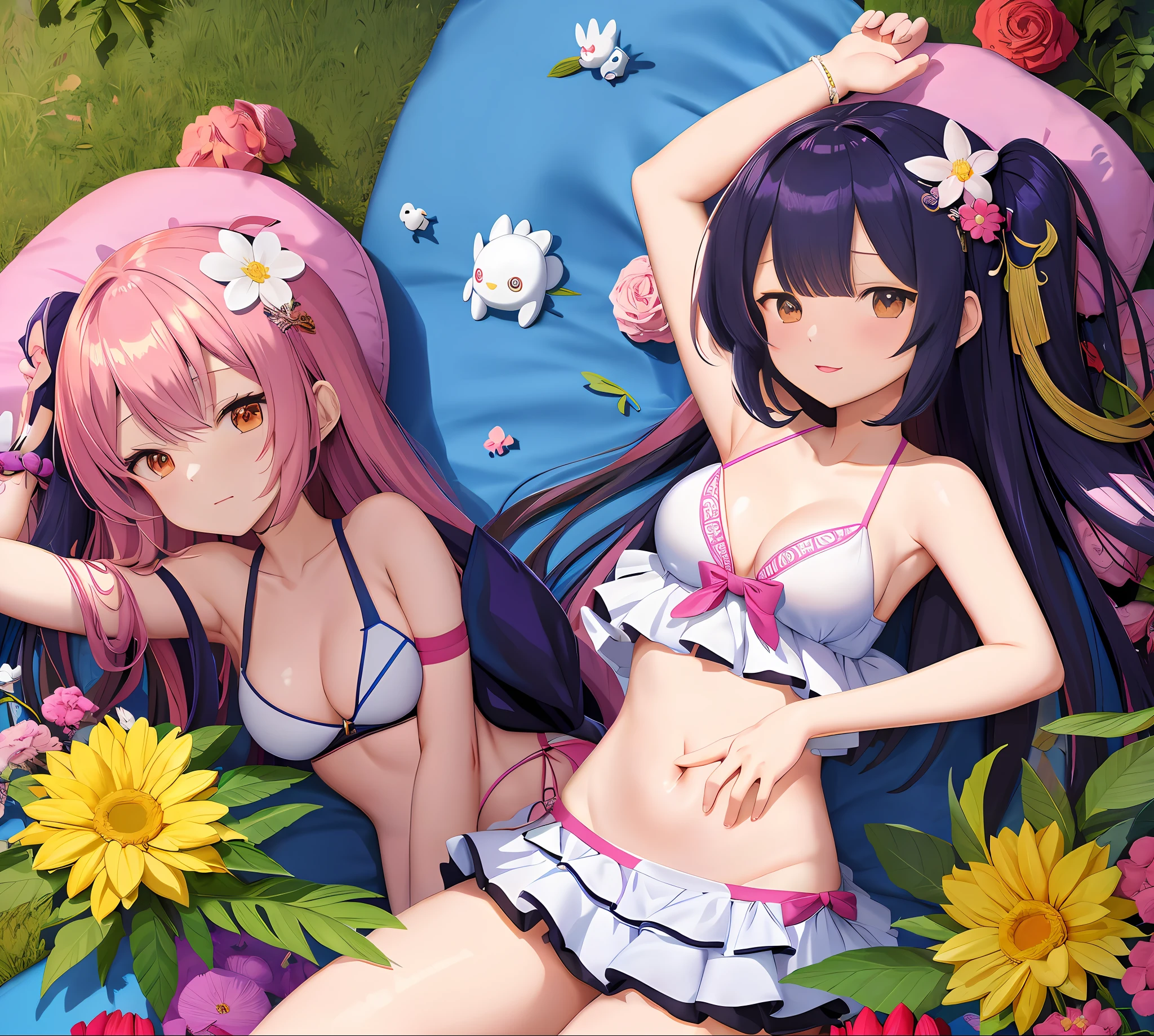 Anime characters lying in bed，Flowers and flowers around, style of anime4 K, Anime girls, two beautiful anime girls, anime lush john 8k woods, ultra hd anime wallpaper, Anime art wallpaper 4K, Best anime 4K Konachan wallpapers, Anime art wallpaper 4 K, Anime art wallpaper 8 K, 4K anime wallpaper, Anime! 4K