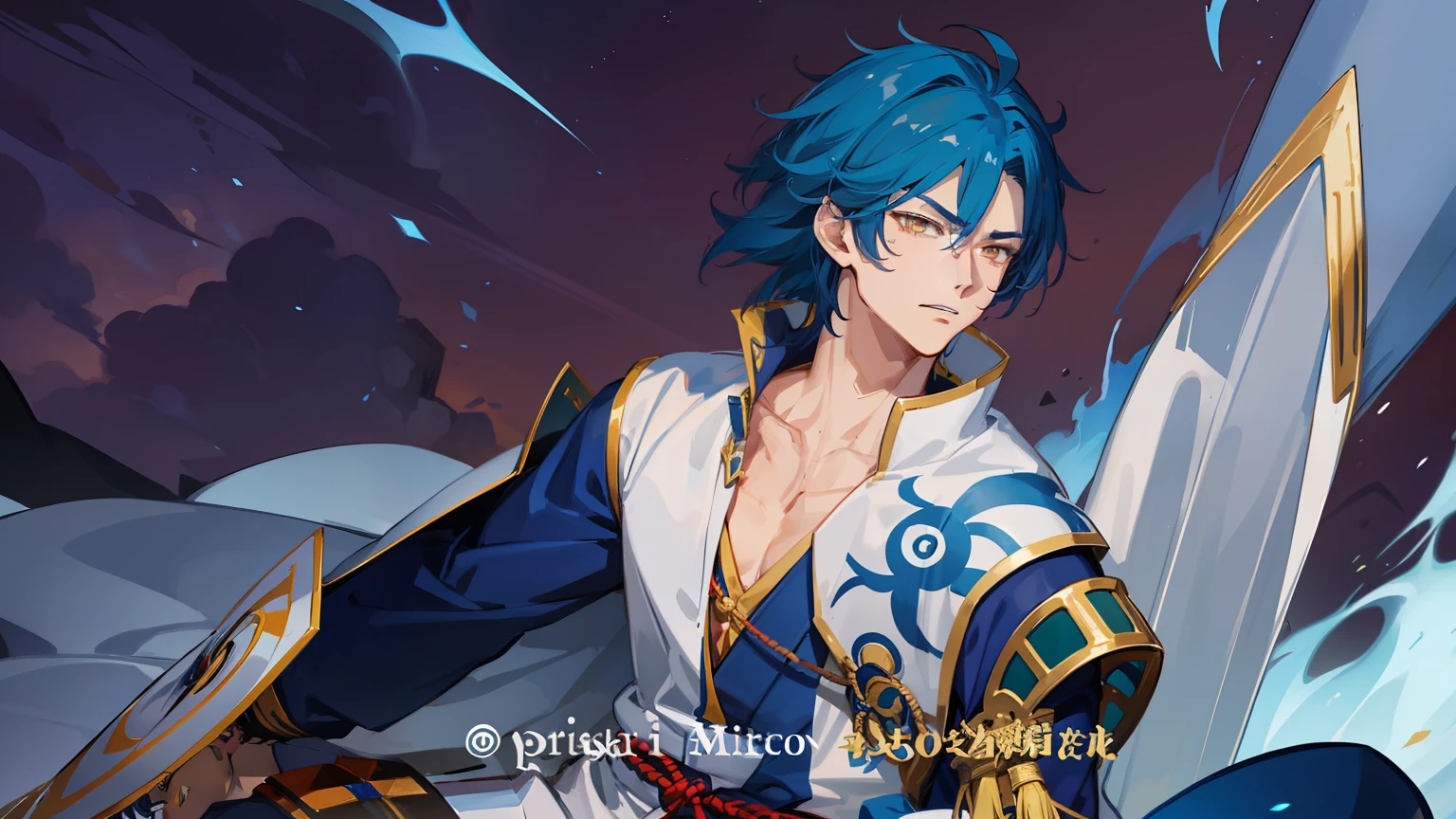 Naotora is a tall, muscular man, with short spiky blue hair like beast ear, and golden eyes. He has a scar on his left cheek.

He wears what looks like a light blue traditional samurai armor with a white cape.