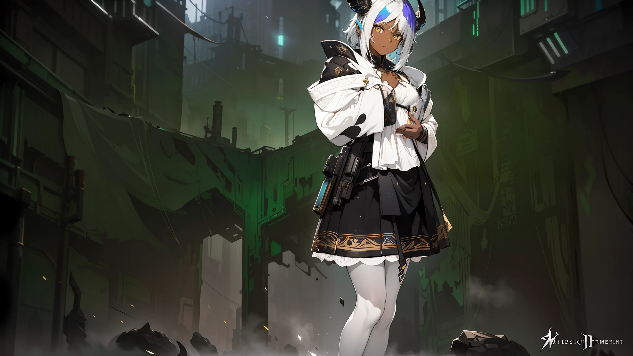 Cyberpunk female, fantasy world, wood background, clean design, epic instagram, artstation, colorful paint splatter, silhouette, hyper detailed intricate details, unreal engine, fantasy, intricate details, splash screen, complementary colors, Fantasy concept art, 8k resolution, deviantart masterpiece, oil painting, heavy strokes, paint dripping, (isolated on white background: 1.3), rainbow skin, (((handsome young girl))), ((teenage:1.5) ), (glowing yellow eyes), ((light eyes)), ((((short white hair: 1.1))), ((white clothes)), (princess\\(indifferent expression\\),, ( ((Wears high detail luxurious robe))), white hair, black horns, frost magic, ((chest), wearing pantyhose, dark skin --v 6