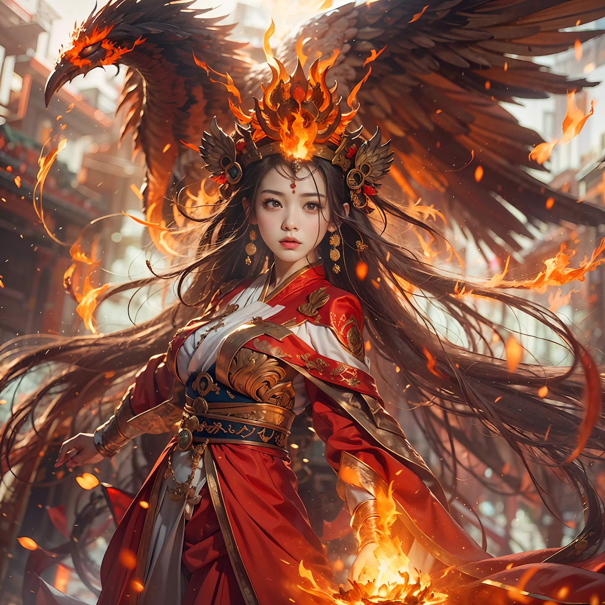 1girll,Flame mage dressed in fiery red(Chinese Hanfu),The robe was embroidered with intricate runes and ornaments,Exudes a burning breath。He was tall and strong,Hands up,Powerful fire spells are being unleashed。His eyes were firm and sharp,A flash of fire flashed in his eyes,Behind the Flame Mage,(A huge flame phoenix spread its wings and flew:1.2),(The feathers of the phoenix burned with a roaring flame),It shines brightly,Its body is surrounded by flames,Flame feathers danced,Form a spectacular flaming six-pointed star array pattern,Full of mysterious magic,The whole scene is full of fiery aura and passion for fighting,Large areas of flame spells bloomed in the air,A brilliant arc of flame and flying sparks formed,(Flame Mage and Phoenix),It appears majestic and mysterious in the midst of raging fires,Like the embodiment of fire and magic,red hair,high detal,ultra-realistic realism,Verism,((Bust photo)),(real photograph:1.4),(lightand shade contrast),cinmatic lighting,Realistic special effects,c4d渲染,rendering by octane,Ray traching,in a panoramic view,angle of view,textureskin,super detailing,hyper HD,tmasterpiece,anatomy correct,best qualtiy,A high resolution,8K