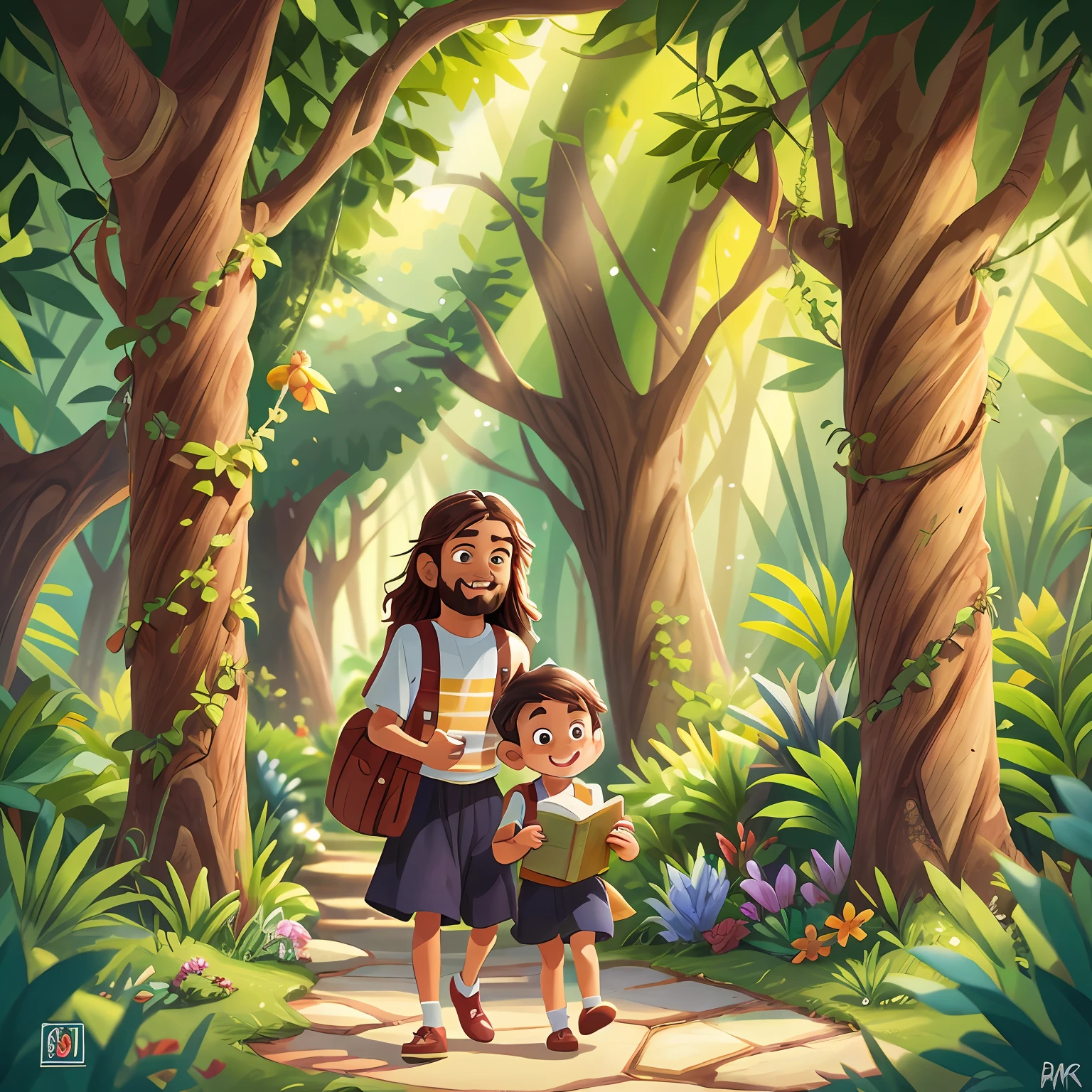 Create an image of Jesus Kids walking in the garden of Eden with a Bible in his hands, com um sorriso tranquilo no rosto,