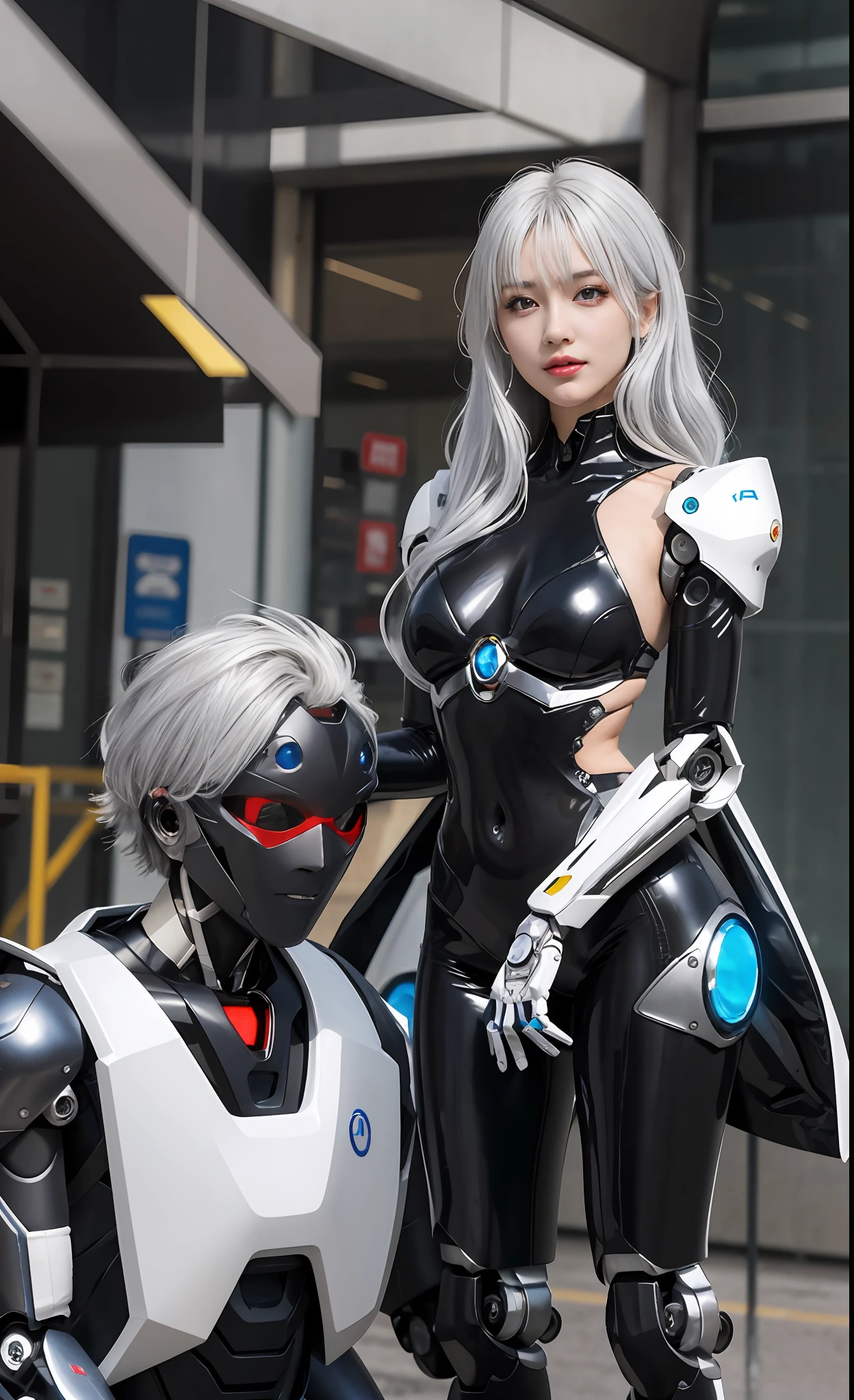 Close-up of a woman in a black latex suit next to a robot, cyborg - girl with silver hair, perfect android girl, girl in mecha cyber armor, Cyborg girl, beautiful white girl cyborg, Cute cyborg girl, cyborg - girl, perfect anime cyborg woman, cyber suit, gynoid cyborg body, cybersuit, beautiful girl cyborg