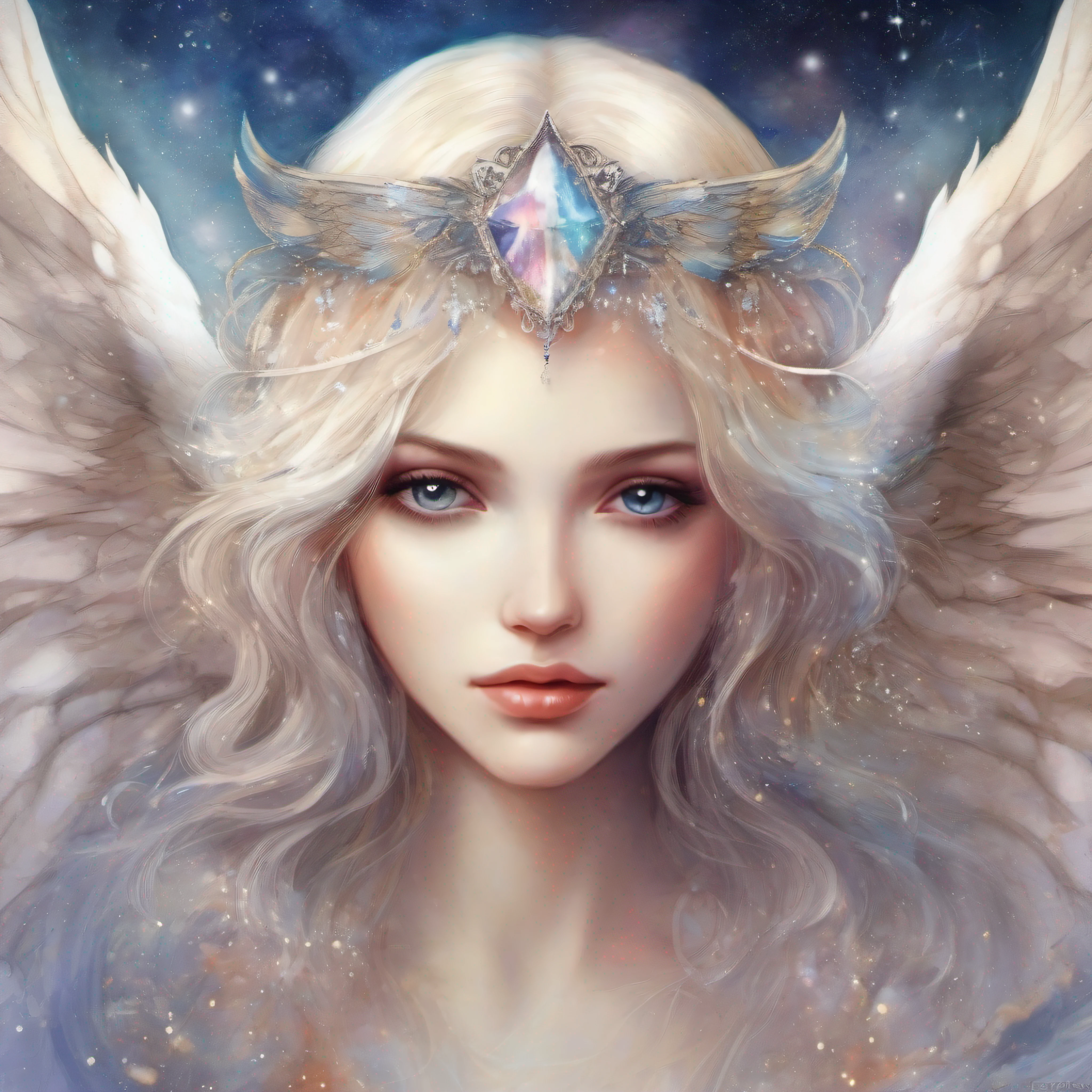 Watercolor beautiful angel, crystals, milky way, angel heart, spread big wings, fantasy art, symmetry wings, fantasy illustration, with beautiful face, perfect eyes, fantasy art, angel