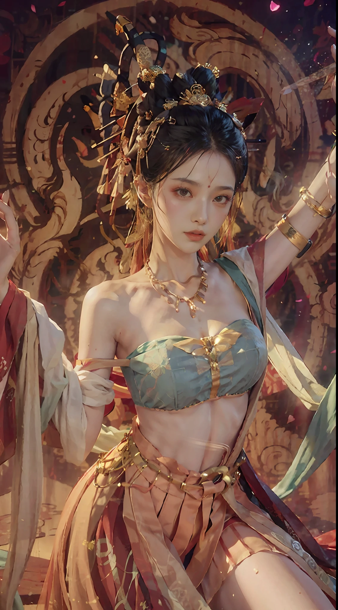 （8K，RAW photos，best qualtiy，tmasterpiece：1.2），（realisticlying，Photorealistic and realistic：1.4），（Very detailed CG unity 8K wallpaper），（1个Giant Breast Girl），Dance，dunhuang_dress，dunhuang_Style，dunhuang_Background，One arm up，One hand forward，Gold ornaments，Ancient Chinese hairstyle，gossamer，Streamers，light make-up，eye shadows，Eyebrow nevi，（confront），dynamicposes，Background smoke surrounding，Red and green color scheme，Petals flying,the detail，jewelry，耳Nipple Ring，bangle，bshoulders，complex texture，Bust，Guqin，lute，(tmasterpiece：1.3)，best qualtiy，A high resolution，A tall and beautiful woman，Densely textured skin，fine double eyelids and bright eyes，Dark brown wavy hair，dunhuang_dress,dunhuang_clothes,Around the belt，Wearing a necklace，（Desert dunes as a backdrop），Presents beautiful facial details and skin texture。