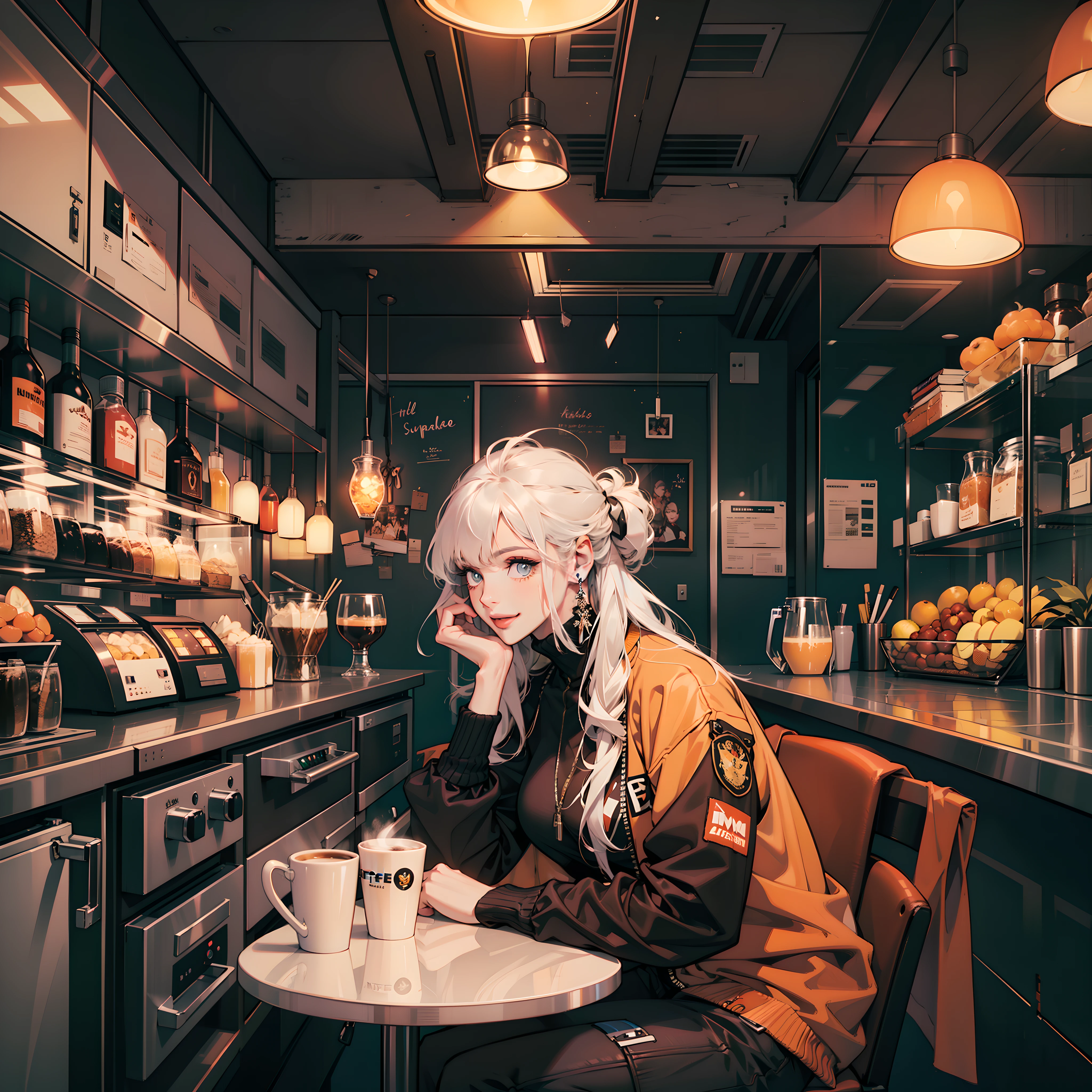 Best quality，tmasterpiece，Ultra-high resolution fills the picture，Indoor at night，Cafe in the sky,Orange color scheme for the café,There was coffee and wine,the night,inside in room，Coffee machine,Coffee lockers,Orange neon color scheme,Silver-white hair，Black fashion clothing，Orange and black matching outfits,boxer，Cafe beautiful girl，cyberpunk backgrouns,The background is colorful，Lateral face，Smiling，Various laid-back poses，Perfect makeup，Love eyes，8K quality，cyber punk perssonage，sense of science and technology，Character backlighting，rim-light，Movement changes，Flowing hairstyle，Loose hairstyle,The number of fingers is refined，The most beautiful girl in mankind，Wearing earphones，Luminous accessories,Luminous earrings,Wear delicate accessories,Delicate close-up of the face，Realistic image quality，Super light and shadow，Very good figure，Meticulous，Have a cup or coffee on the roof in the evening，Very good figure，Raised sexy,luminous,Cool，Very stylish café,Cafe at night,Ray gorgeous,Have food,Laugh happily,