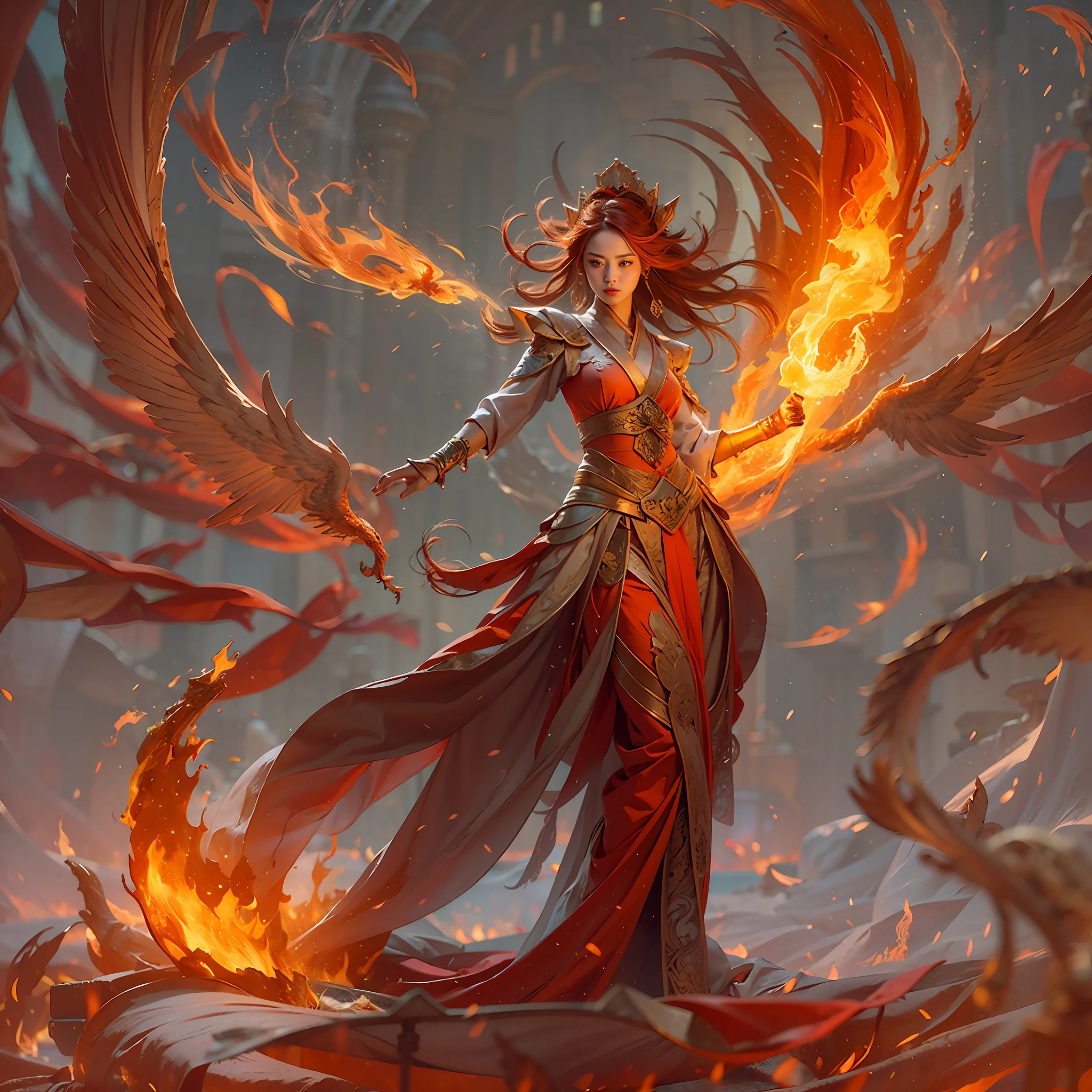 1girll，Flame mage dressed in fiery red（Chinese Hanfu），The robe was embroidered with intricate runes and ornaments，Exudes a burning breath。He was tall and strong，Hands up，Powerful fire spells are being unleashed。His eyes were firm and sharp，A flash of fire flashed in his eyes，Behind the Flame Mage，（A huge flame phoenix spread its wings and flew：1.2），（The feathers of the phoenix burned with a roaring flame），It shines brightly，Its body is surrounded by flames，Flame feathers danced，Form a spectacular flaming six-pointed star array pattern，Full of mysterious magic，The whole scene is full of fiery aura and passion for fighting，Large areas of flame spells bloomed in the air，A brilliant arc of flame and flying sparks formed，（Flame Mage and Phoenix），It appears majestic and mysterious in the midst of raging fires，Like the embodiment of fire and magic，red hair，high detal，ultra-realistic realism，Verism，（（Bust photo）），（real photograph：1.4），（lightand shade contrast），cinmatic lighting，Realistic special effects，c4d渲染，rendering by octane，Ray traching，in a panoramic view，angle of view，textureskin，super detailing，hyper HD，tmasterpiece，anatomy correct，best qualtiy，A high resolution，8K