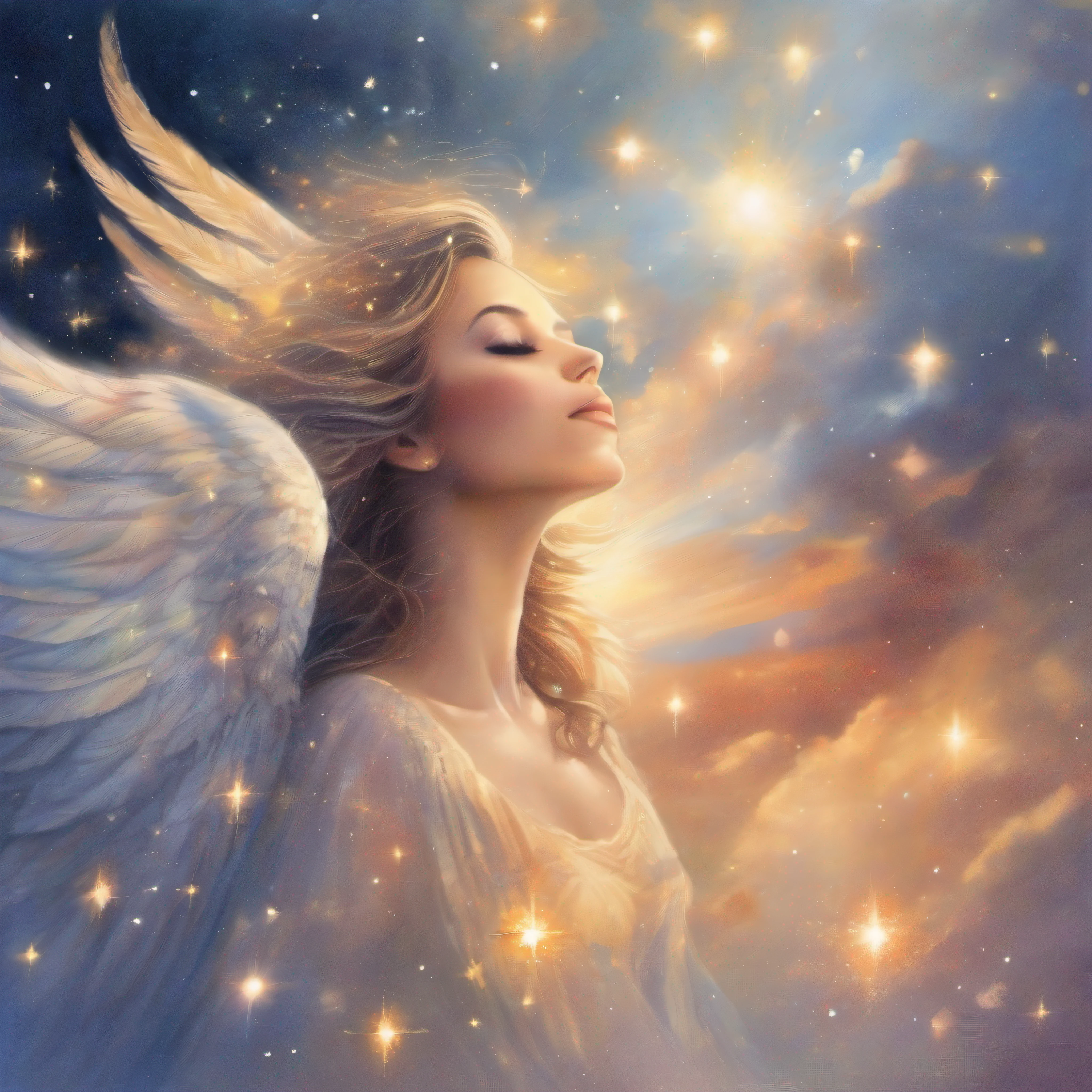Watercolor beautiful sky, sunshine, reaching to the Sun, spread angel wings, perfect face, perfect eyes, perfect body, stars, lights, joy, sparkling of lights, soulmate, lights
