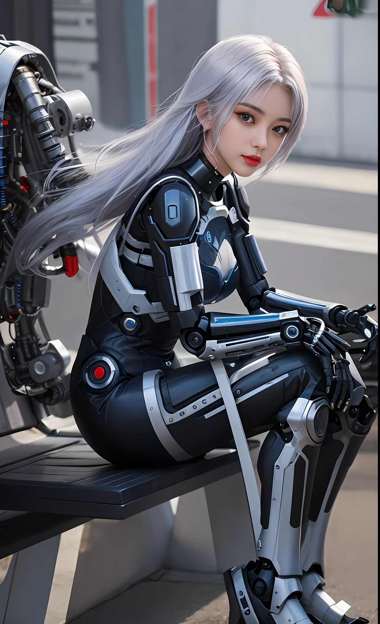 Close-up of a woman in a black suit sitting on a bench, cyborg - girl with silver hair, perfect android girl, Cute cyborg girl, girl in mecha cyber armor, Cyborg girl, beautiful white girl cyborg, beautiful girl cyborg, beautiful female android!, cyber suit, perfect anime cyborg woman, cyborg - girl, cybersuit, diverse cybersuits