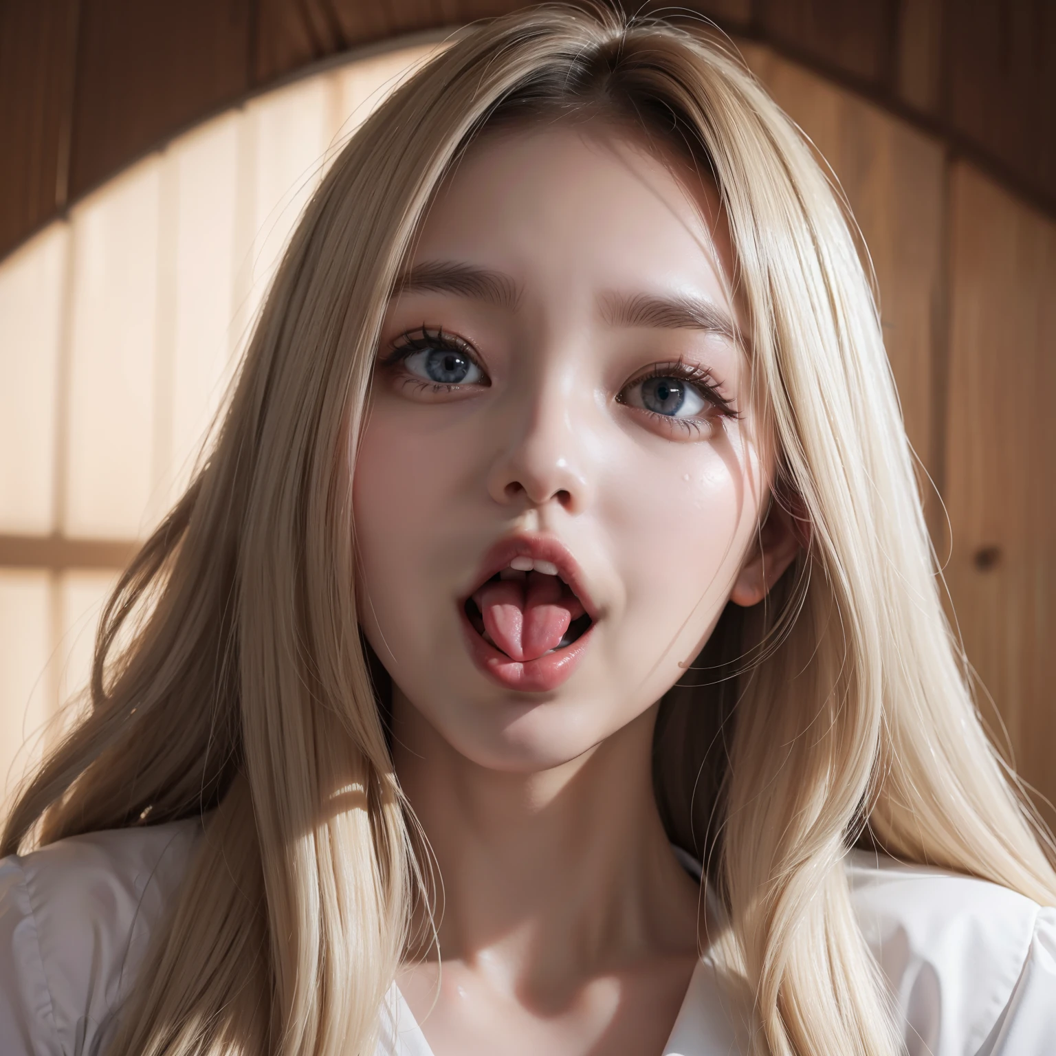 (a picture), (hight resolution), (in 8K), (ighly detailed),独奏, 1girl in, White wavy hair, Korea person,Protruding tongue,Reddish cheeks,Big open mouth,Eyes of extremely upward