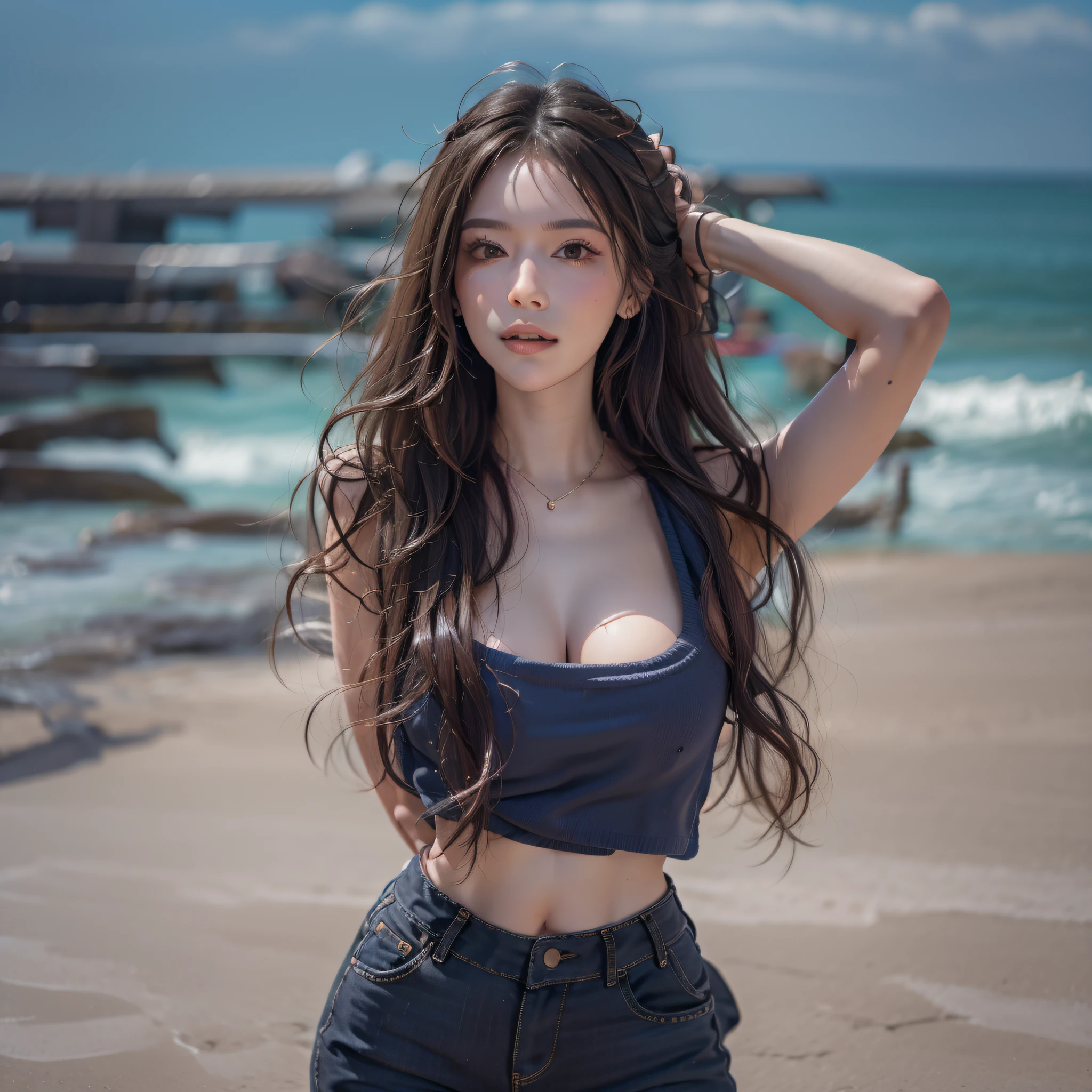 Nikon RAW photos,8K quality,Fujifilm XT3,tmasterpiece,best qualtiy,realisticlying,ultra - detailed,1 girl,独奏,closeup portrait,Gilet blanc,huge breasts1.3,Ultra shorts,cabelos preto e longos,hair straight,hand touching hair,ssmile,Blue sky and sea,Slight waves