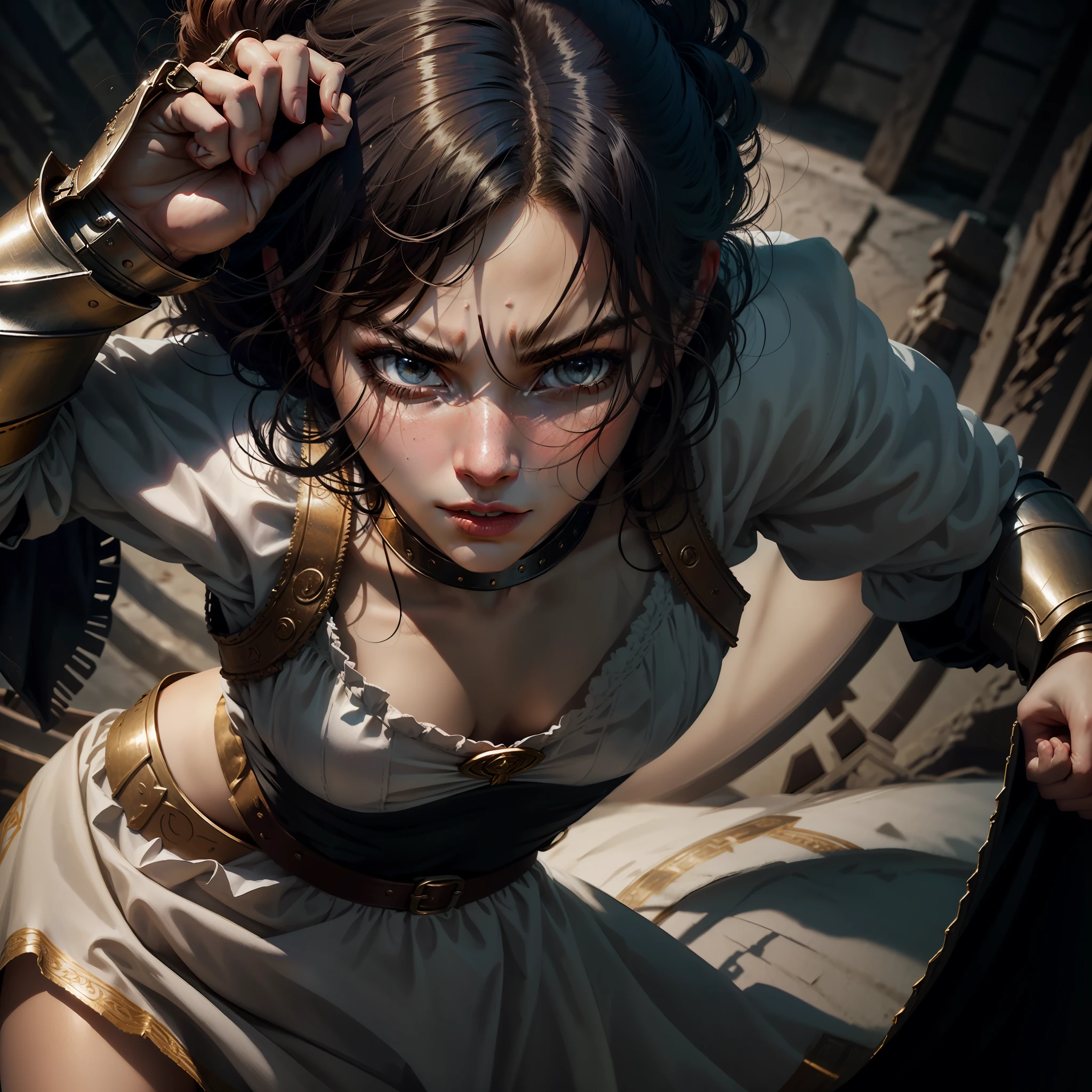 "1girl, A commanding and fierce warrior maiden exuding strength and power, wearing an unconventional blend of a maid outfit and sturdy armor.