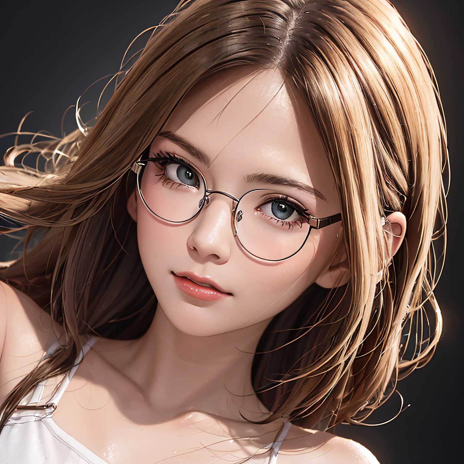 (in 8K, RAW Photos, of the highest quality, Masterpieces: 1.2), (Realistic, Photorealistic: 1.37), Highest Quality, Ultra High Resolution, light  leaks, Dynamic lighting, Slim and smooth skin, (Full body:1.3), (Soft Saturation: 1.6), (Fair skin: 1.2), (Glossy skin: 1.1), Oiled skin, 18 years old, Strong light in the morning, flat chest, shiny white blonde, Well-formed, Hair fluttering in the wind, Medium Hair, up close shot, Physically Based Rendering, From multiple angles, Shiny White Camisole, Transparent、lite smile、small glasses with red rim,,,Cool, Whirlpool, Skysky