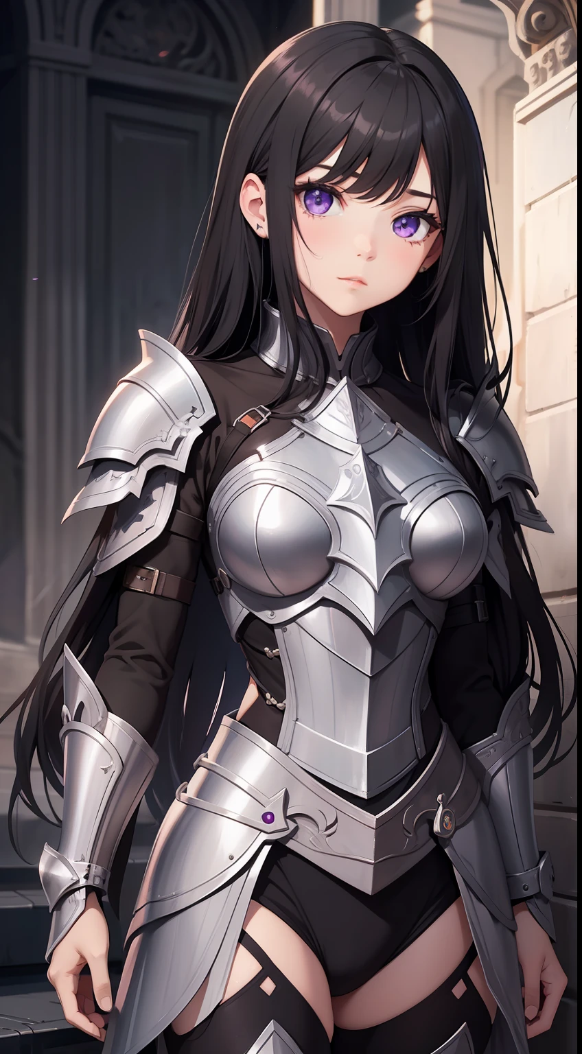 young girl, Long black hair, violet eyes, Men's armor, Masterpiece, hiquality