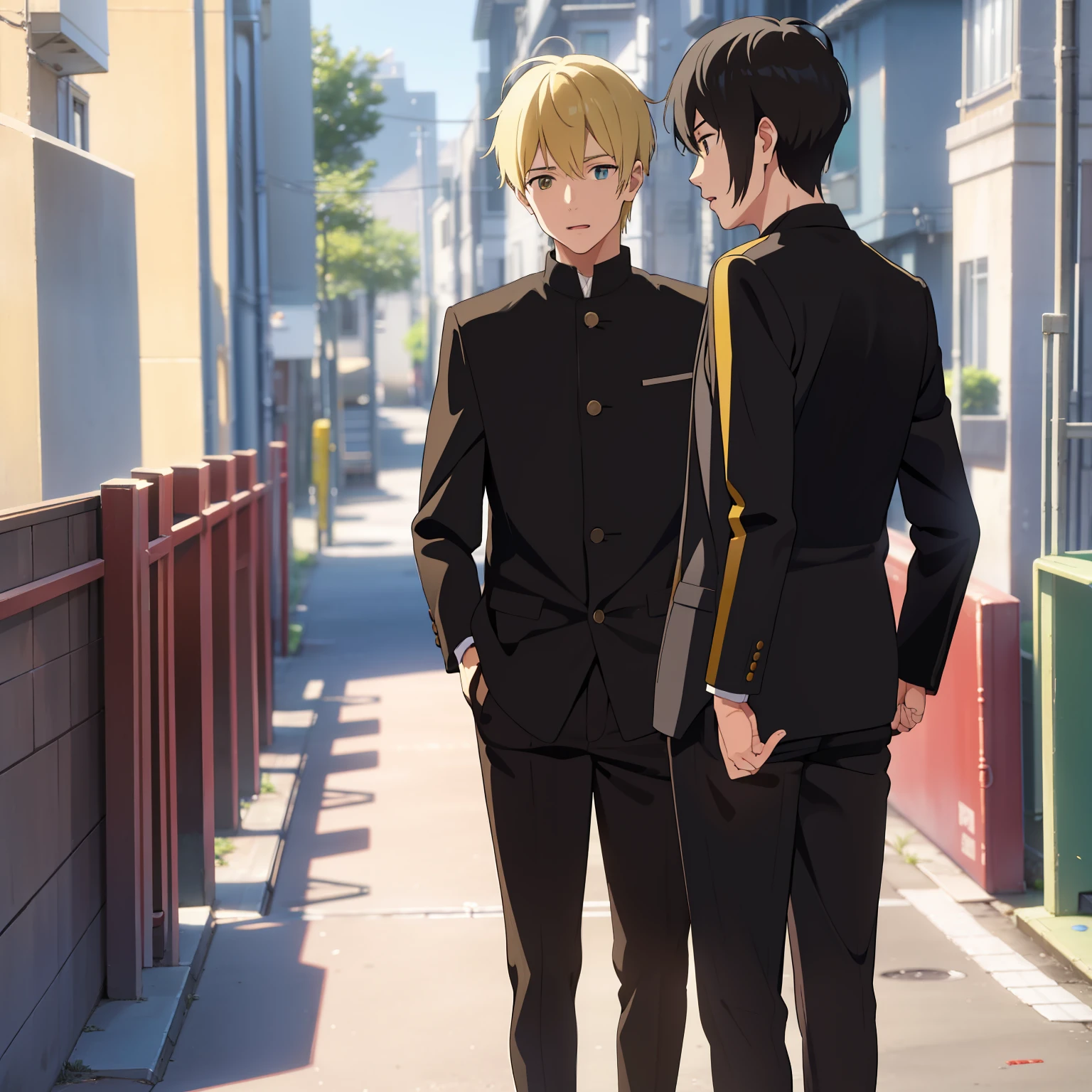 （Two 20-year-old boys talking face to face），（Black hair），Face the lens，On the street，（Yellow hair and black hair）