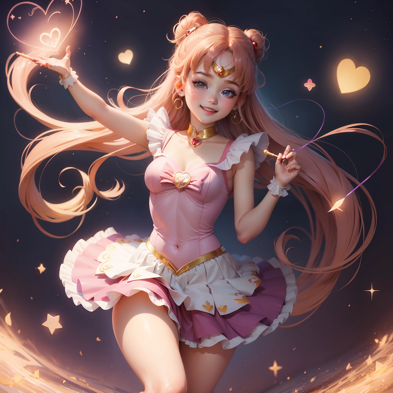 happy cute girl , sailormoon dress , taking a love shape stick , love love background , sweety , masterpiece, high quality