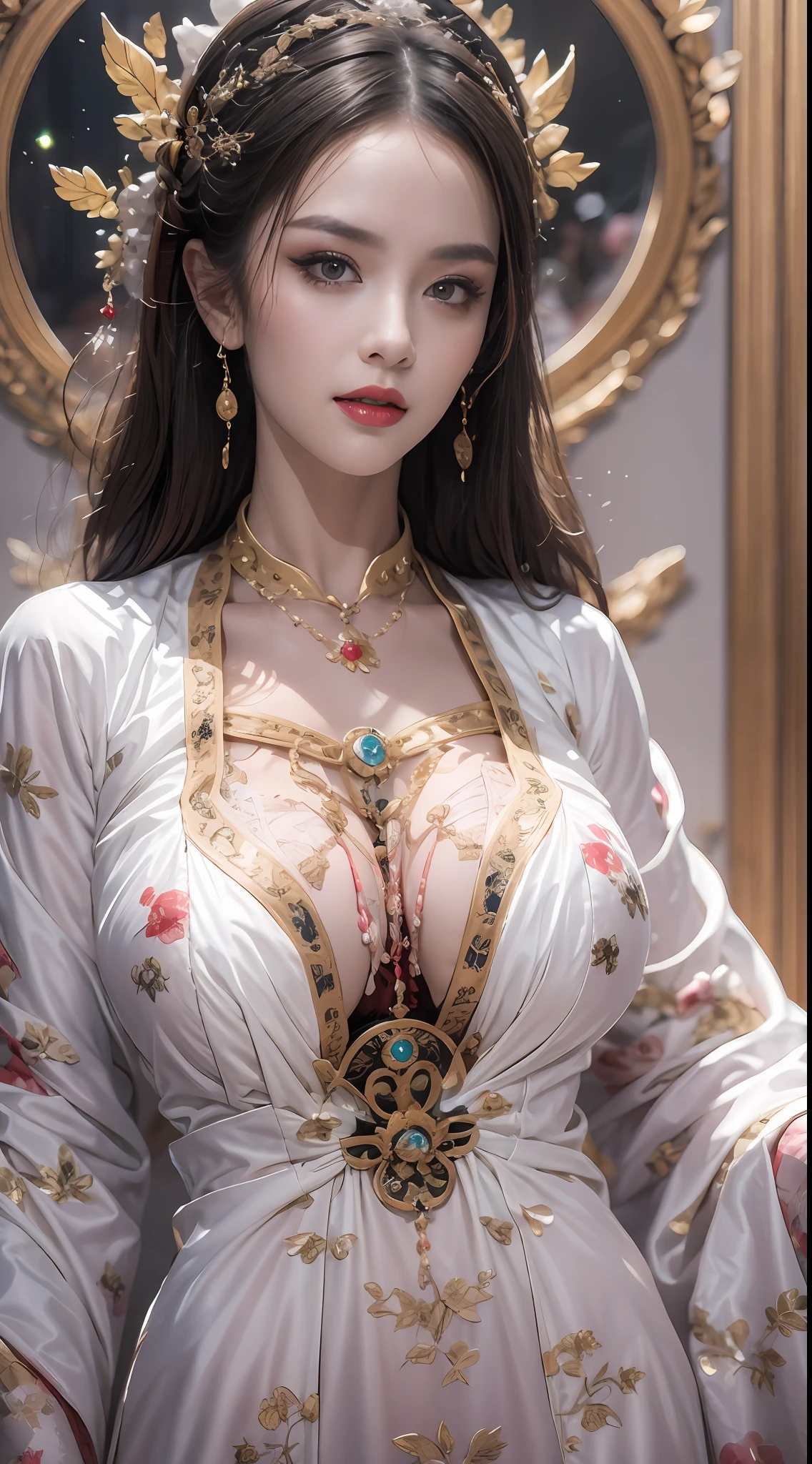 Portrait of a young 20-year-old saint, a saint with a beautiful and super cute face,wearing a very thin and sexy ao dai, beautiful cute face, Ao dai with a deep slit in the chest and attractive black and white lace trim, beautiful face without blemishes, Lovely smile, ((7-color hair length:1.2)), big crown, hair brooch, hanfu dress, chinese ancient style, full body jewelry, forehead tattoo, The female saint's breasts are round and very full, breast augmentation, innocent face, The most beautiful and detailed light red lipstick, ((Thin plump lips:0.3)), delicate pink and white eyes (white and detailed) cinematic, light and dark, dramatic lighting, magical light, extremely detailed light, true color, super sharp, realistic, 8k quality, fantasy universe background, saints and magical space, the most detailed images, Solo, a saintess, ((looking directly at the saint's upper body:0.4)), ((smooth skin:0.5)),