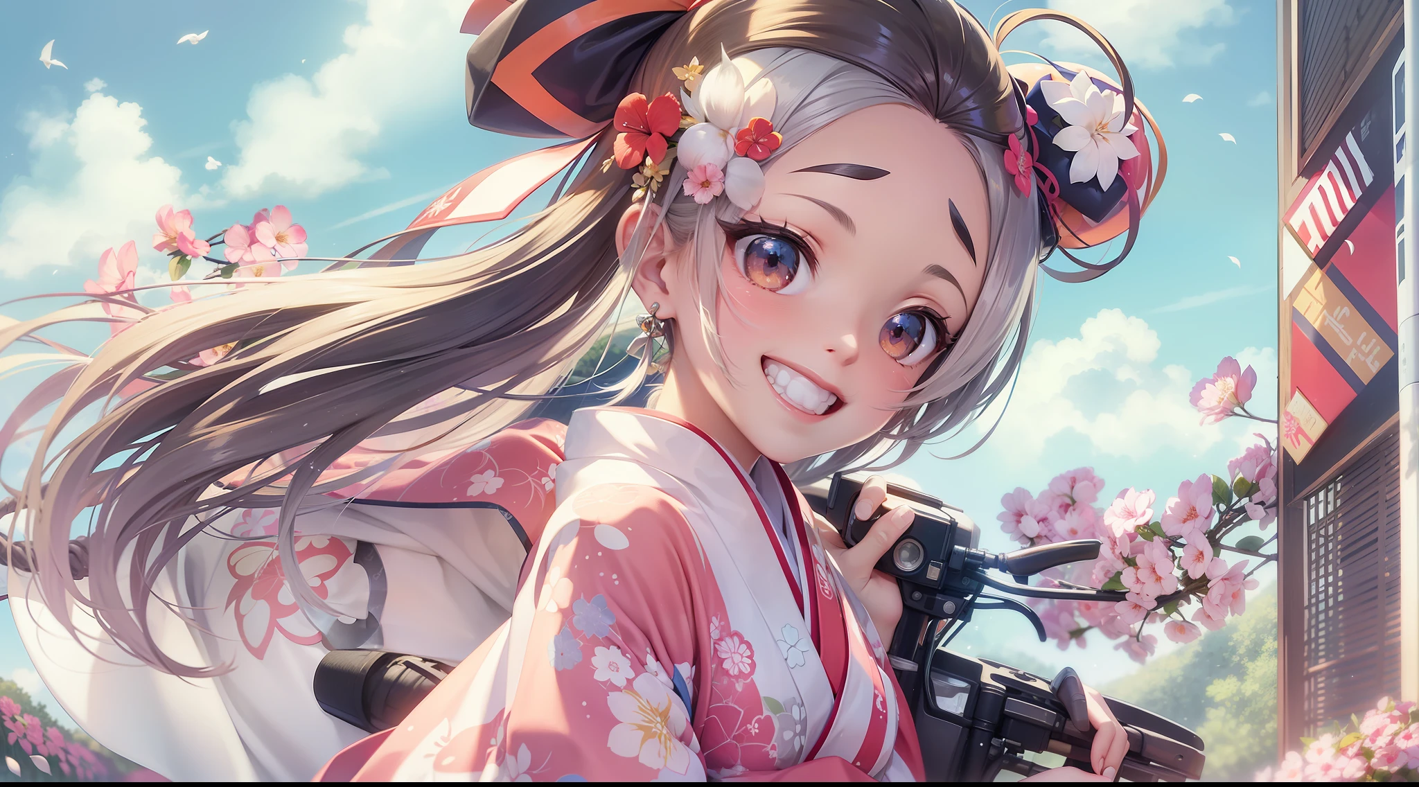 Kaguya in a kimono, A smile, kawaii, accessorized, Girl riding motorcycle on summer pass road