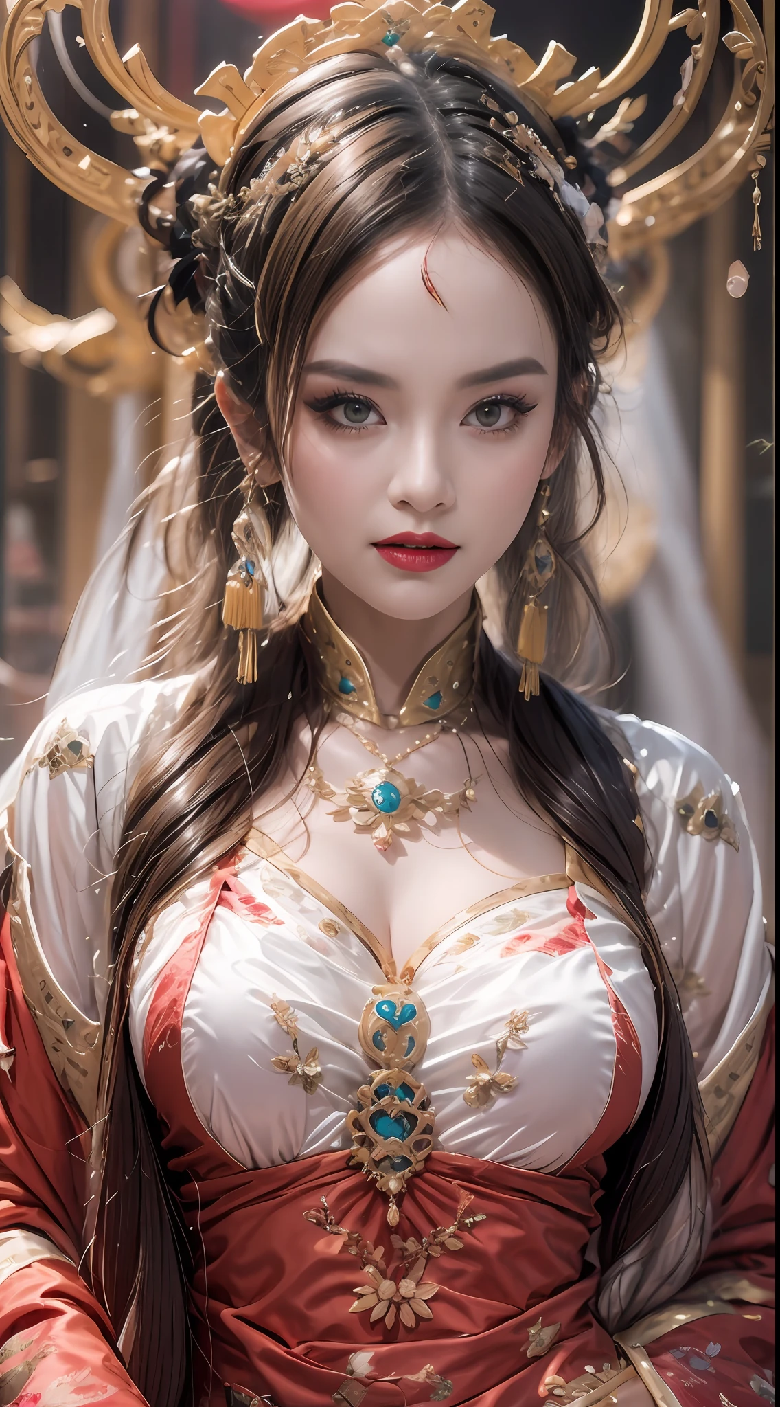 Portrait of a young 20-year-old saint, a saint with a beautiful and super cute face,wearing a very thin and sexy ao dai, beautiful cute face, Ao dai with a deep slit in the chest and attractive black and white lace trim, beautiful face without blemishes, Lovely smile, ((7-color hair length:1.2)), big crown, hair brooch, hanfu dress, chinese ancient style, full body jewelry, forehead tattoo, The female saint's breasts are round and very full, breast augmentation, innocent face, The most beautiful and detailed light red lipstick, ((Thin plump lips:0.3)), delicate pink and white eyes (white and detailed) cinematic, light and dark, dramatic lighting, magical light, extremely detailed light, true color, super sharp, realistic, 8k quality, fantasy universe background, saints and magical space, the most detailed images, Solo, a saintess, ((looking directly at the saint's upper body:0.4)), ((smooth skin:0.5)),