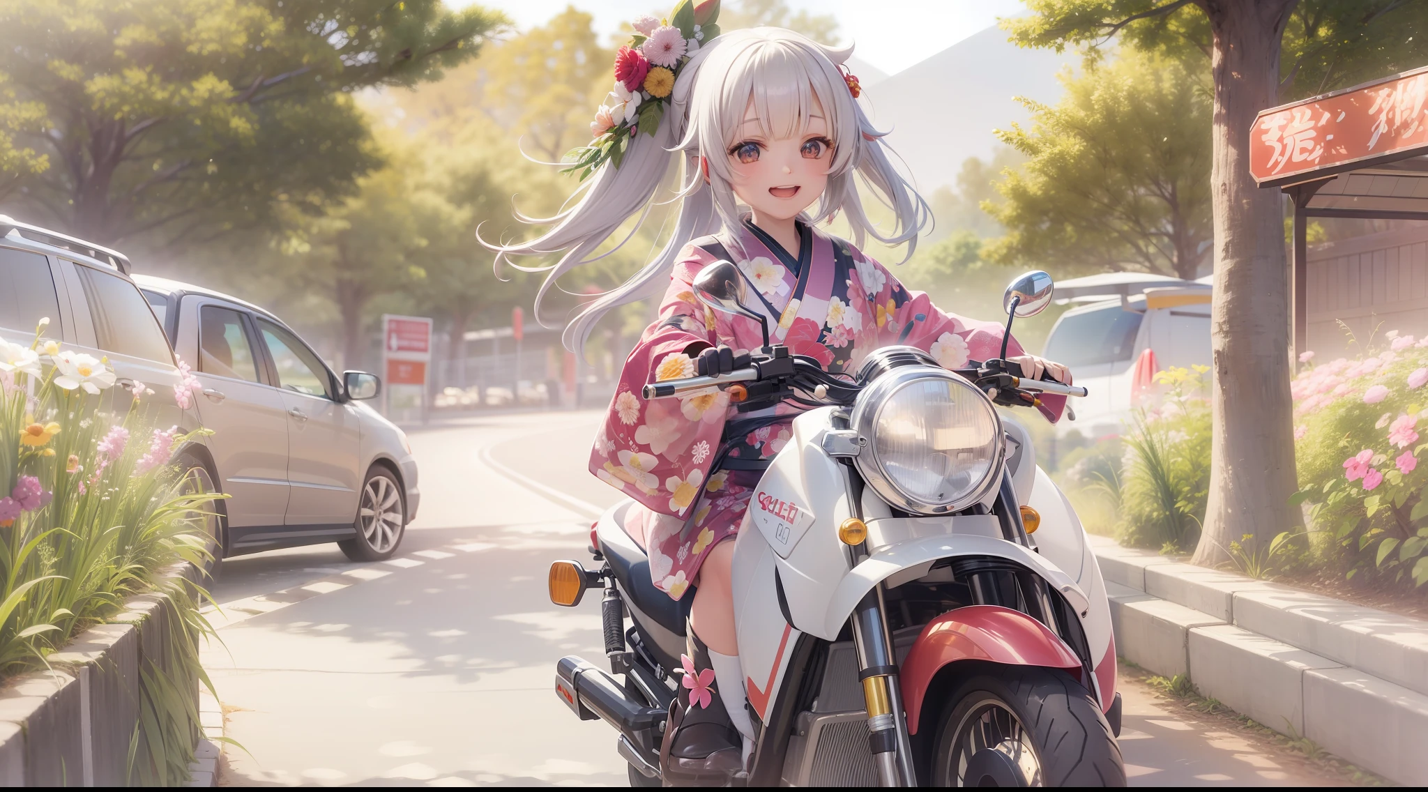 Kaguya in a kimono, A smile, kawaii, accessorized, Girl riding motorcycle on summer pass road