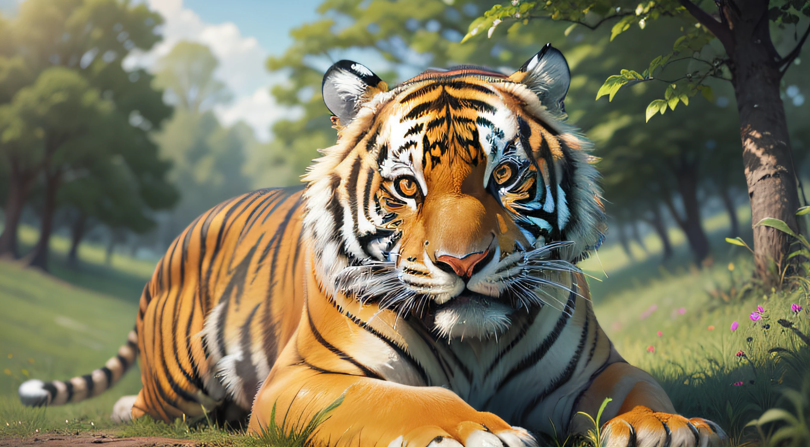 Tiger on green meadow a bright day in the highest possible quality and definition