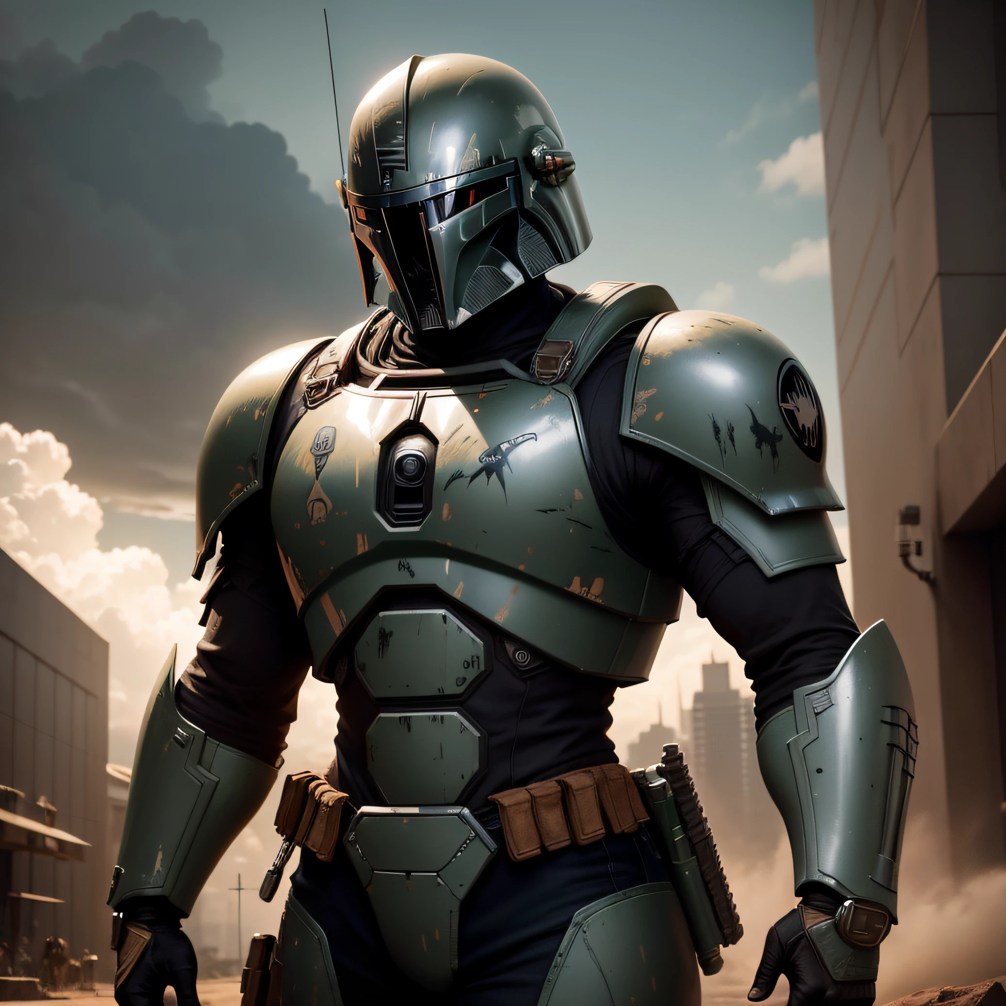 Criar um mandaloriano predator ,alien armadura futurista , musculosos, cabelo longo e dentes grande na boca the predator , BOBA FETT ,imagem de melhor qualidade , filme ultra realista.
