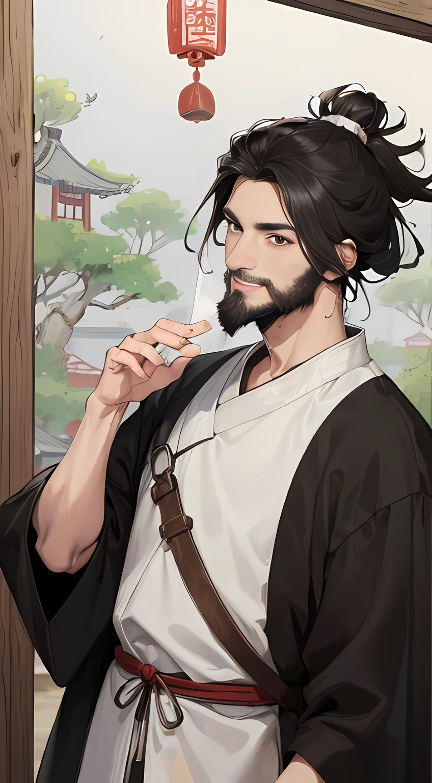 A 30-year-old man, Black hair ,Kind expression,(rejoice),ssmile,Square chin and sparse beard, His clothes were gray and white, Flat celebrities in ancient China,Anime figure ,Rustic,villages,hands out