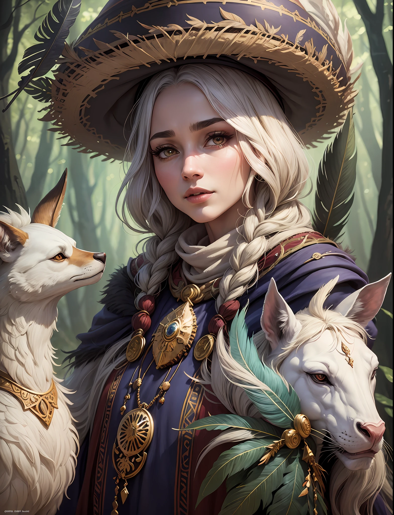 Arabian fairy tale from the 1400s, The storyteller and three funny fairy tale beasts of the wild, wearing old worn clothes, wide-brimmed hats with feathers, close-up full-length portrait in the style of Disney Pixar, super realistic, cinematic, high detail, dark blur fantasy background, 8K --auto --s2