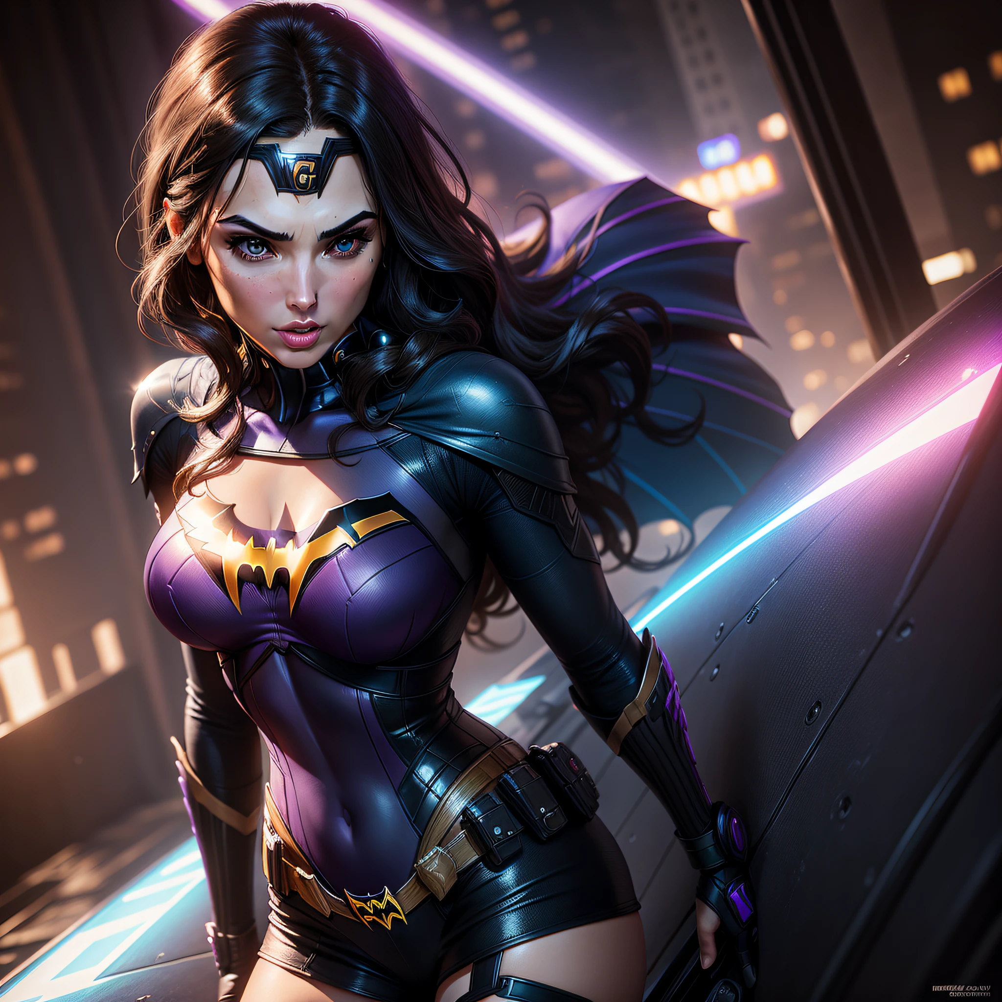 gorgeous gal gadot, beautiful face, attractive eyes, batgirl cosplay, highly detailed, artstation, smooth, sharp focus, neon punk, reflected purple and blue lights, realistic, photography,