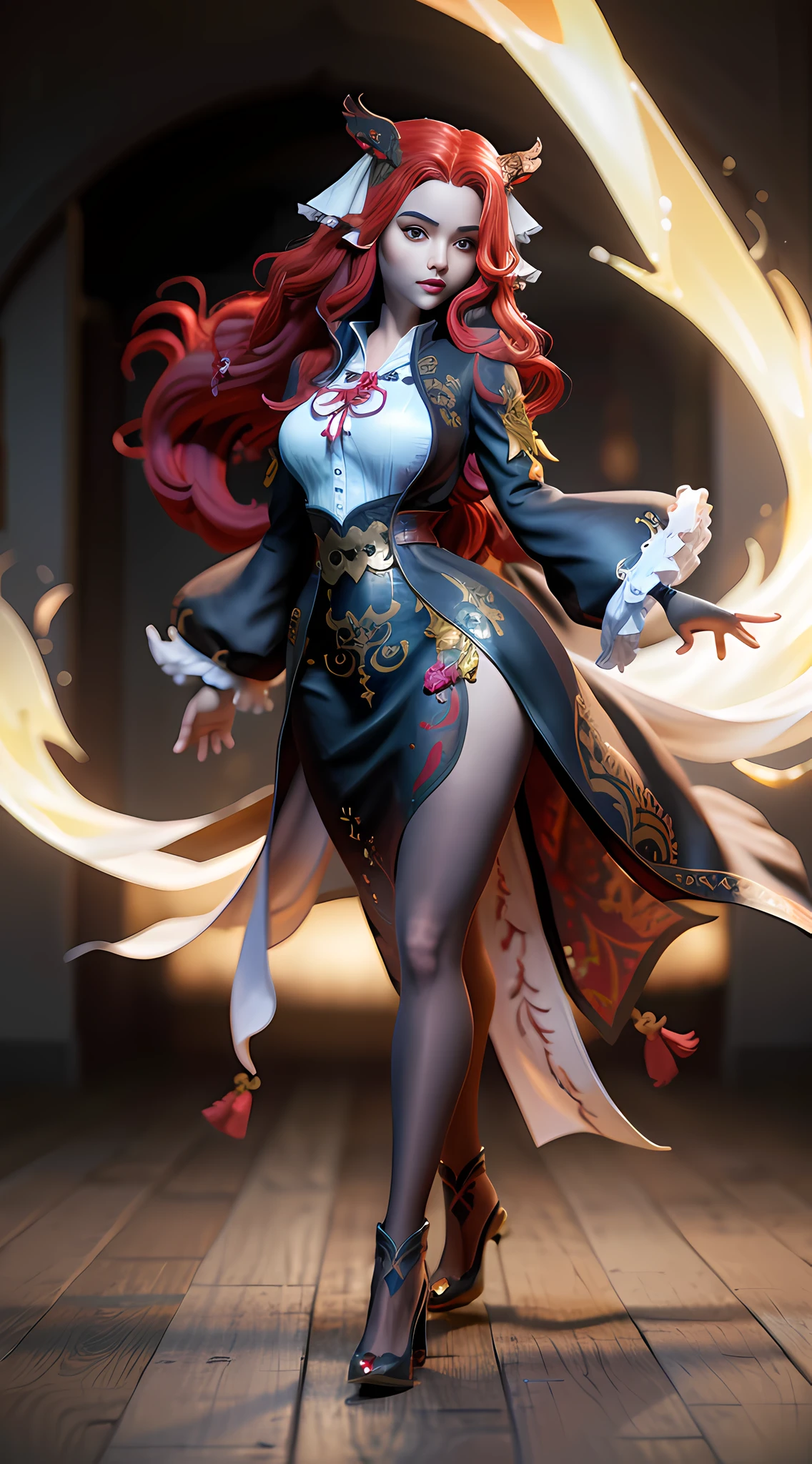 A sexy dragon girl、(Red long-haired、Beauty faces、largeeyes、Brown pupils、Ultra-delicate skin)、middlebreast、(Long legs、Black silk tights)red high heel pumps、Stand up、Hold a knife in your right hand、(White cardigan with a placket、Long black horse face dress、Golden Chinese dragon embroidery、Ancient cloth)、3D