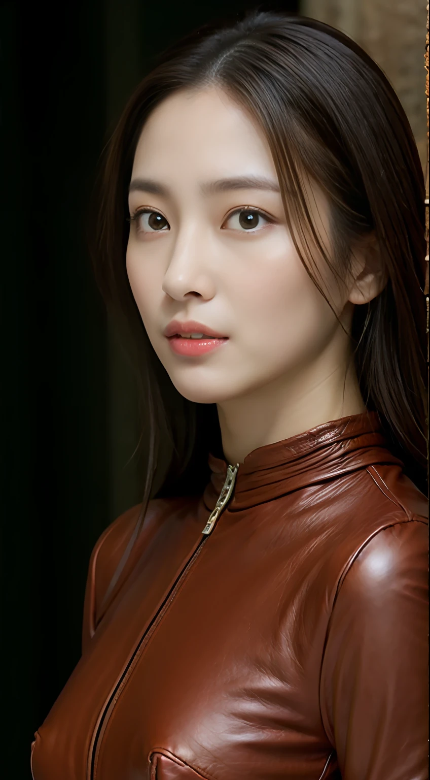 The highest image quality、超A high resolution、(真实感:1.4)、1girl in、delicate and beautiful face、Wearing a leather long-sleeved cyborg suit