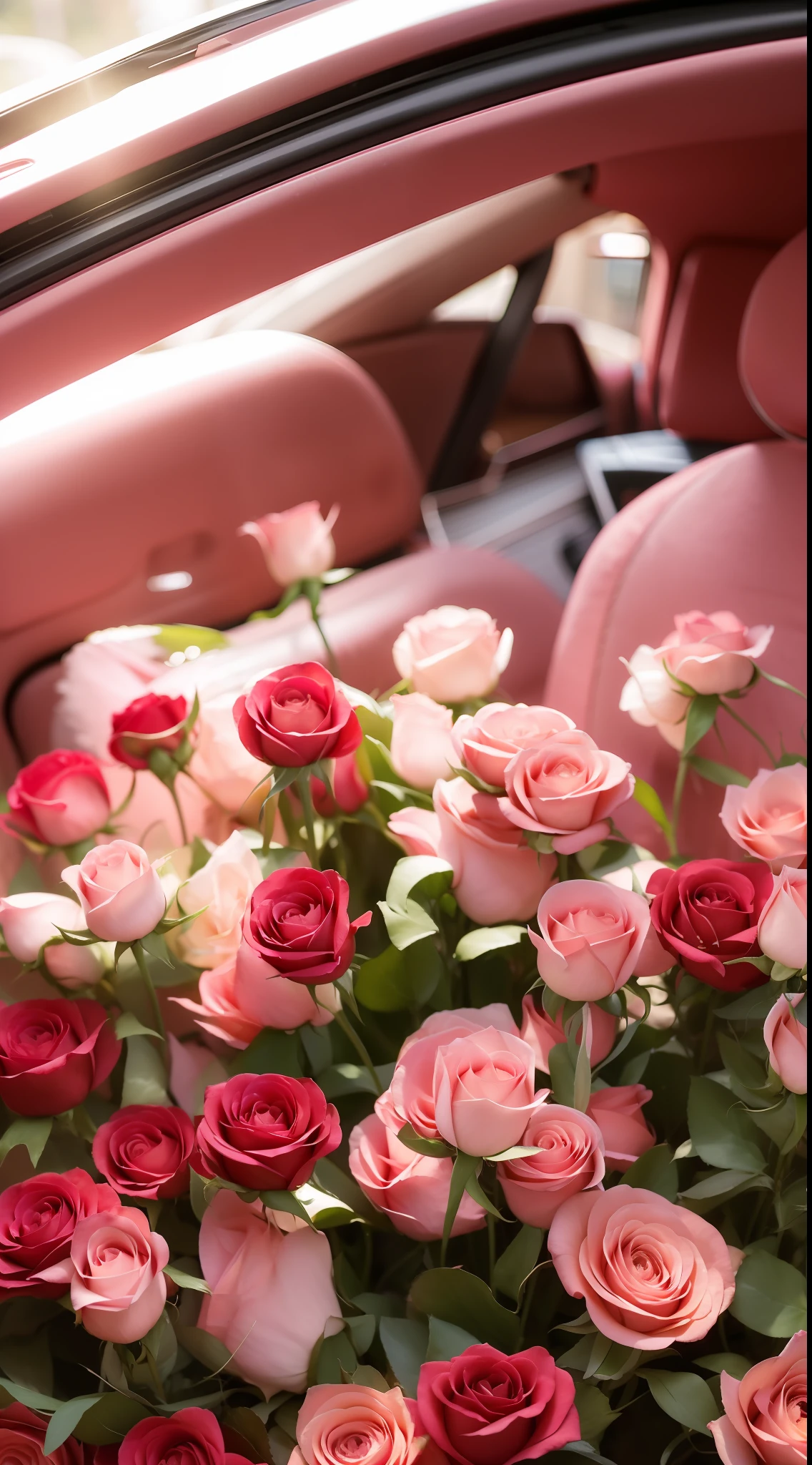 There is a bouquet of pink roses on the back seat, rosette, rosses, 🎀 🧟 🍓 🧚, with soft pink colors, really realistic, beautiful aesthetic, 1614572159, roses in cinematic light, rose in hand, Pink flowers, With flowers, Beautiful image, Beautiful flowers, author：Alexander Brooke