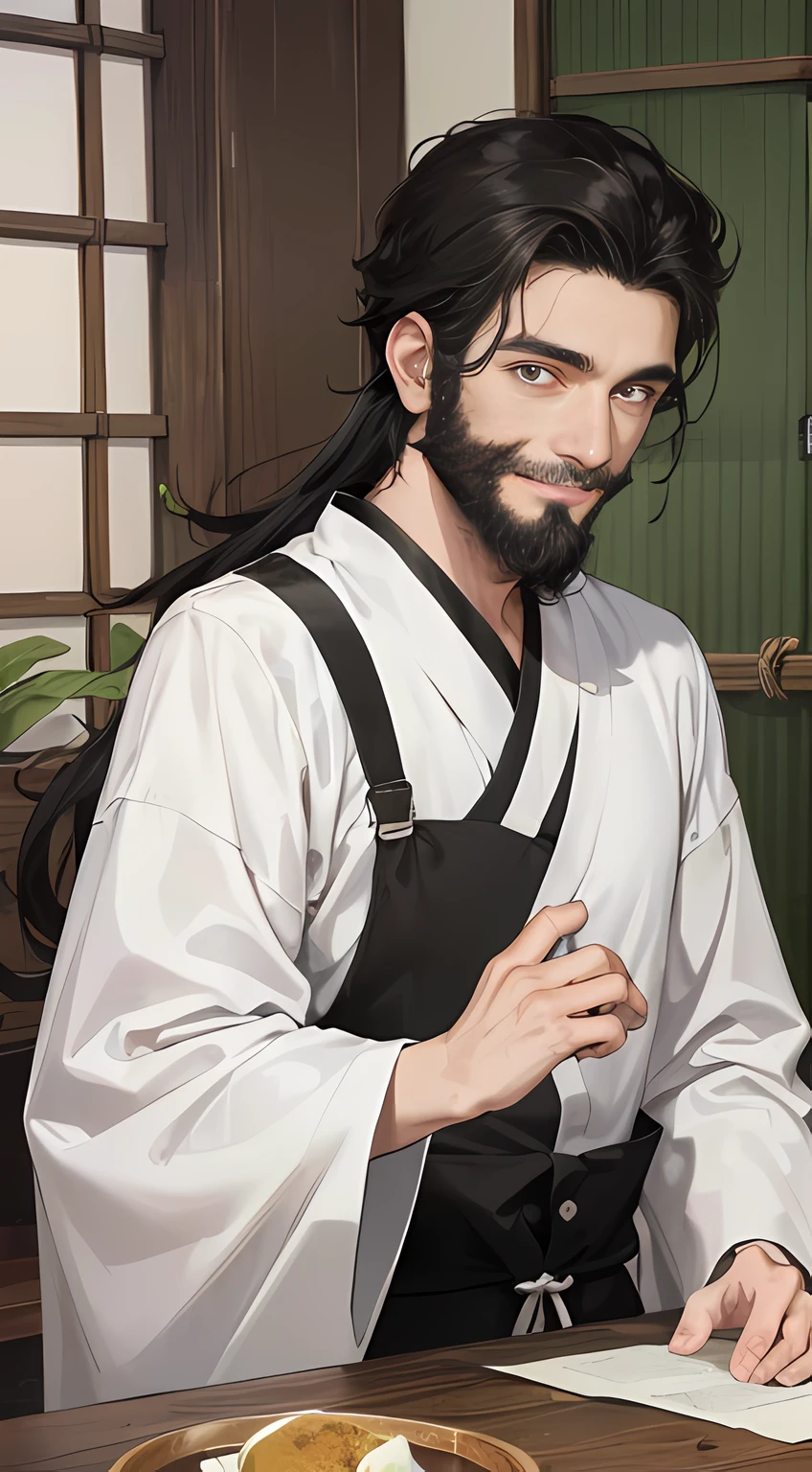 A 30-year-old man, Black hair ,Kind expression,(Rejoice),ssmile,Square chin and sparse beard, His clothes were gray and white, Ancient Chinese flat celebrities,Anime figure ,Rustic,villages,hands out