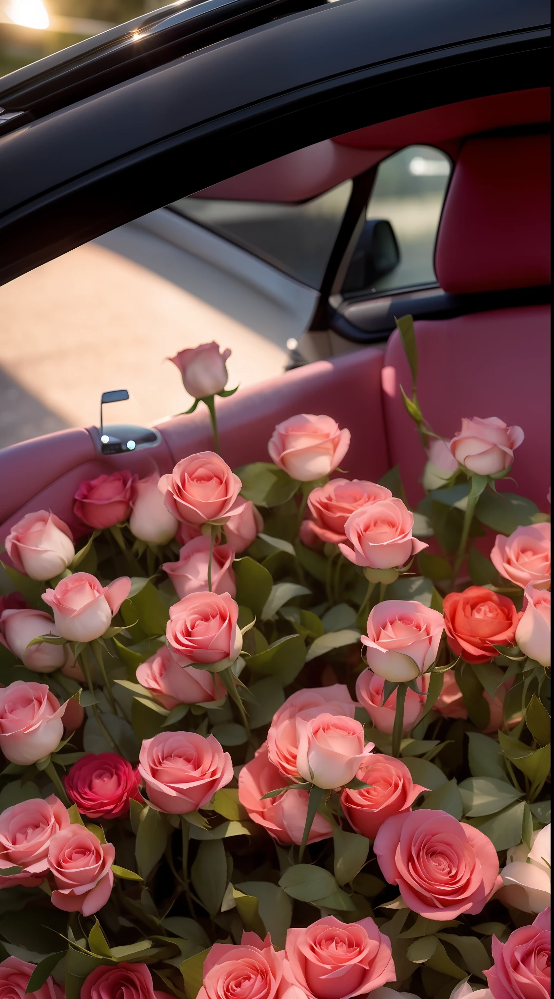 There is a bouquet of pink roses on the back seat, rosette, rosses, 🎀 🧟 🍓 🧚, with soft pink colors, really realistic, beautiful aesthetic, 1614572159, roses in cinematic light, rose in hand, Pink flowers, With flowers, Beautiful image, Beautiful flowers, author：Alexander Brooke