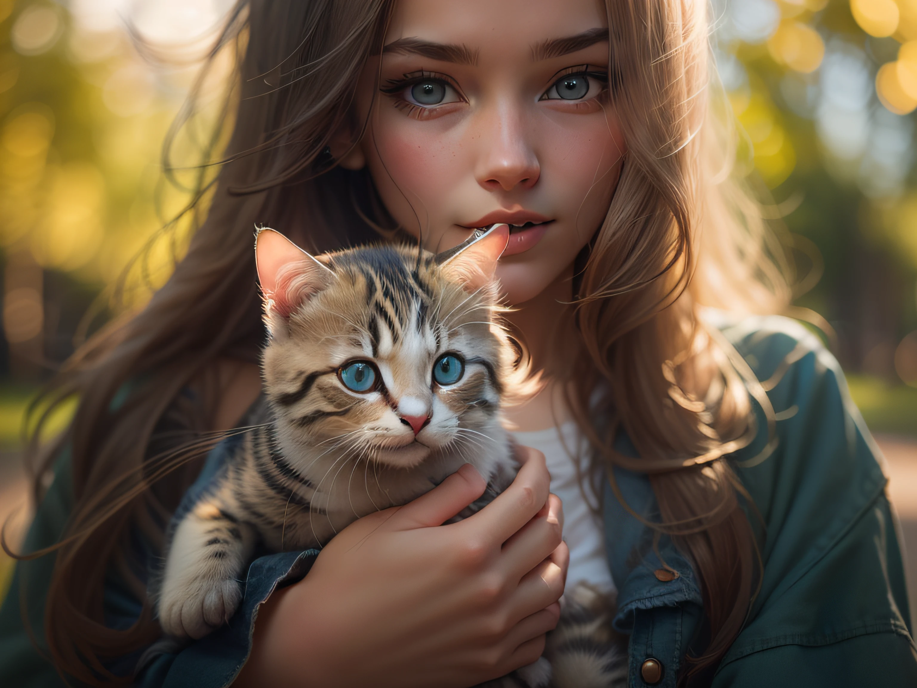 beautiful 16-year-old Russian woman in park, holding small kitten, daytime, joy, cinematic lighting, realistic image, 1080p