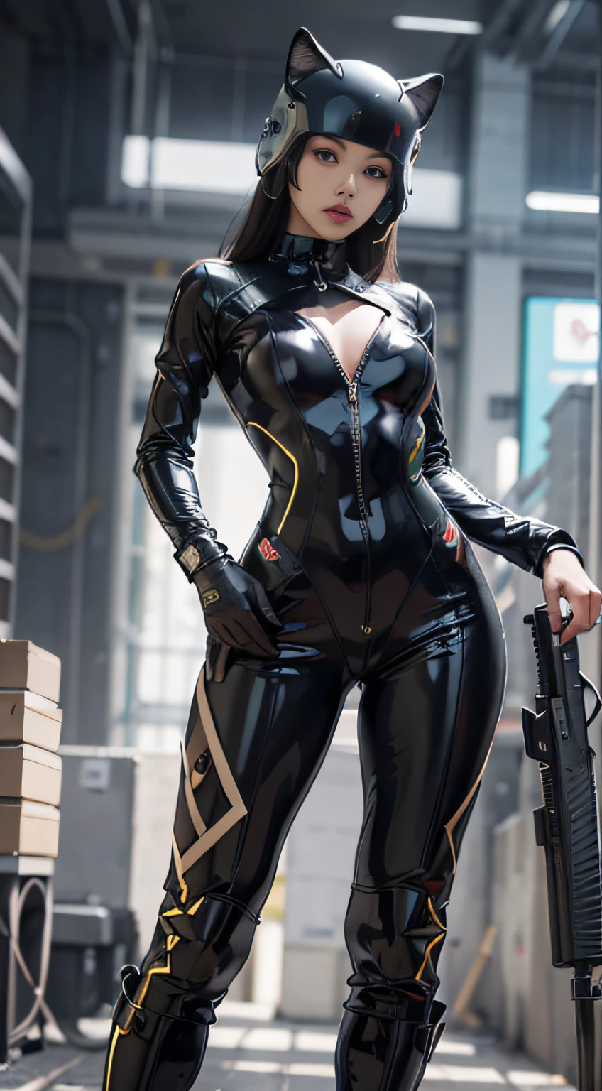 solo, super fine photo, portrait Unreal Engine 5 8K UHD of a girl in a skin tight futuristic black latex outfit with white jacket, slick black catsuit, black iconic character, smooth black skin, black body, PVC, glossy latex suit, rubber suit, rubber belts, collar, futuristic full face helmet, futuristic rubber glove, futuristic high boots, arm and leg cuffs, straps, cyberpunk world, have a gun, best quality, masterpiece, official art, unified 8k wallpaper, super detailed, sharp focus, dynamic pose, body parts, no extra limbs, precisely anatomy